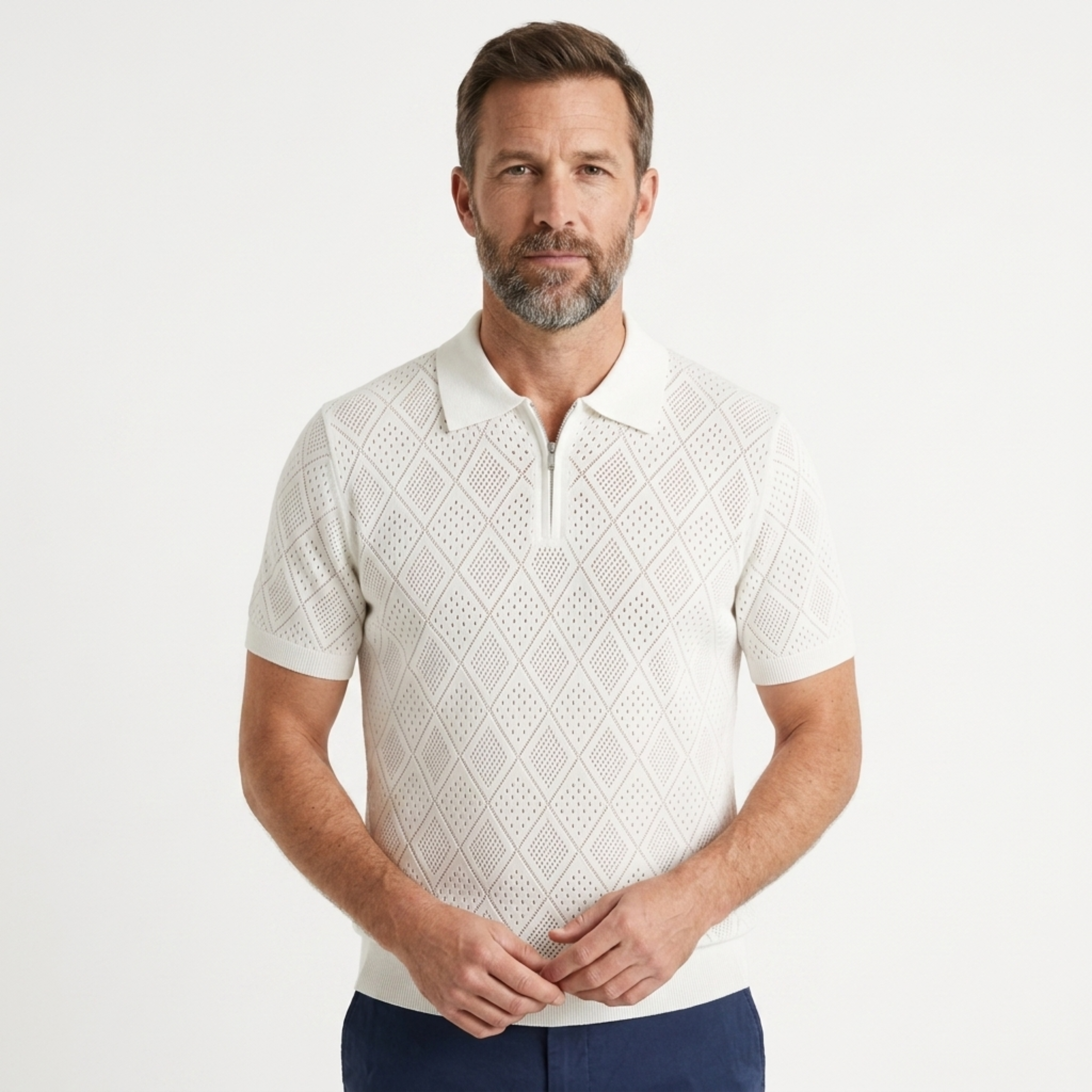 Polo masculino em malha aberta com fecho éclair — viagem