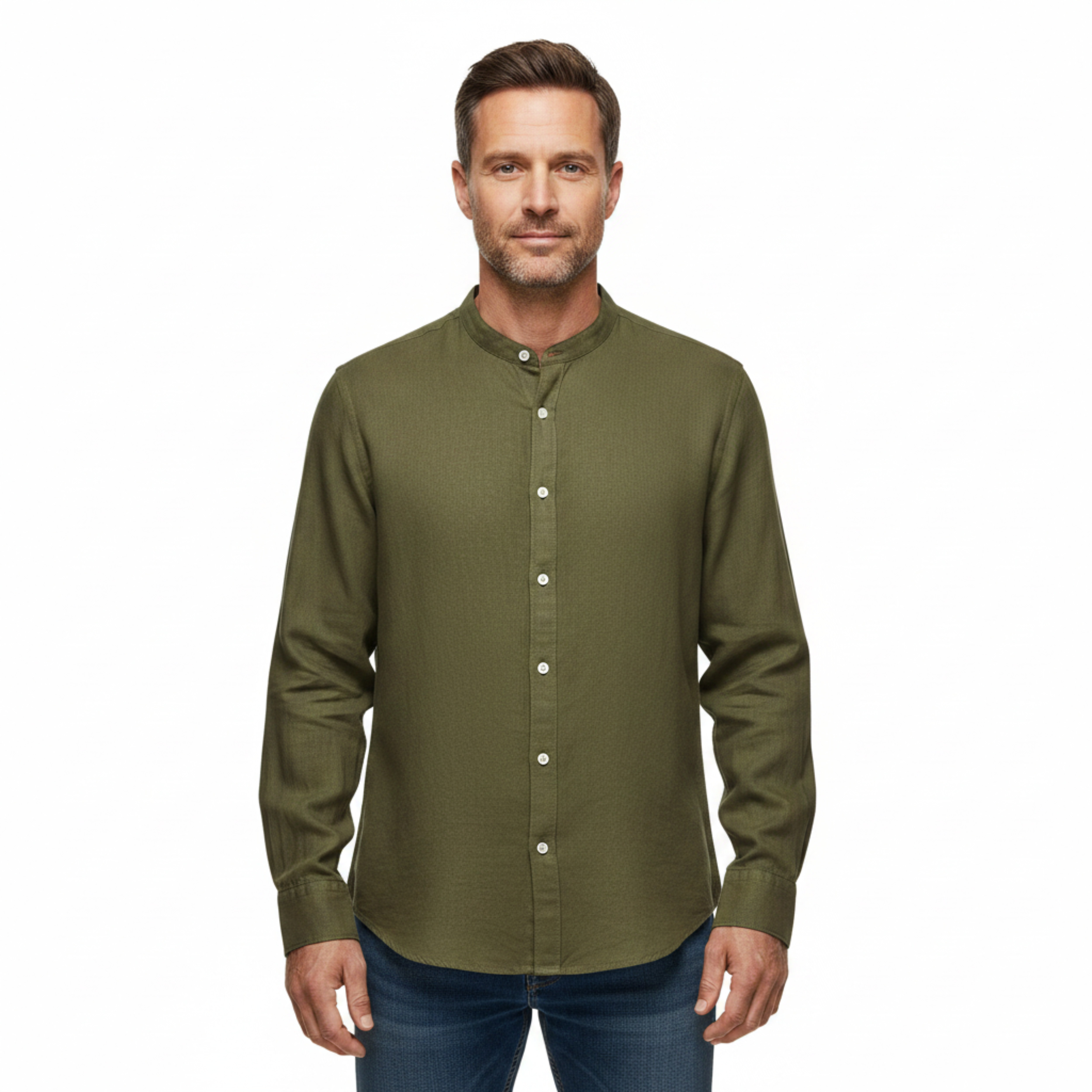 Camisa de lino para hombre con cuello clásico y mangas largas ajustables