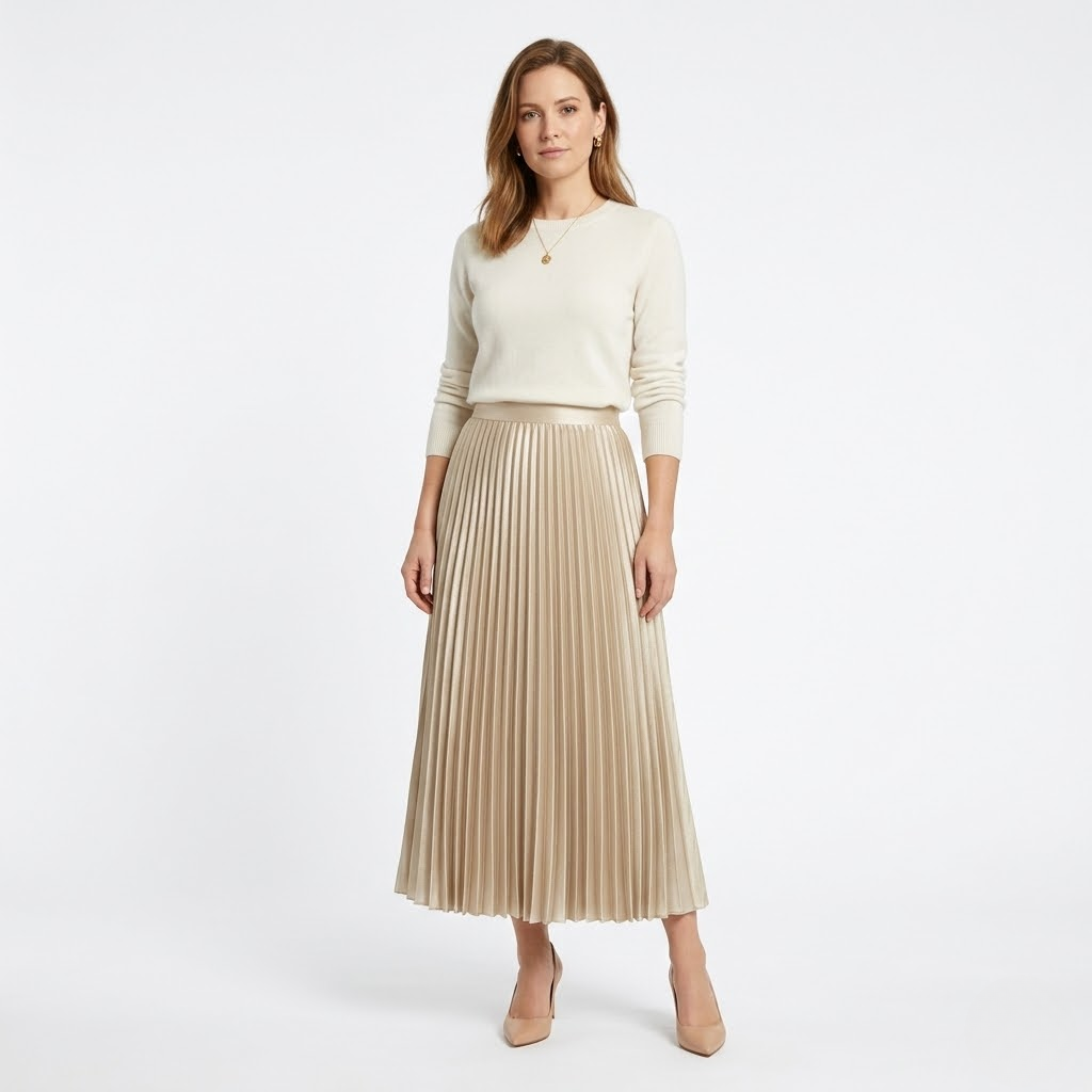 Jupe Longue Plissée Satinée à Taille Haute Élastique pour Femme