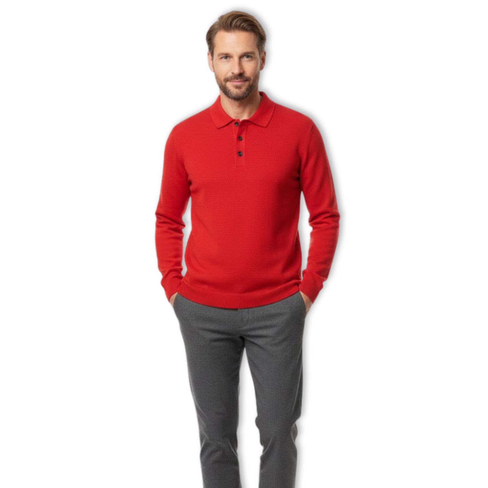 Men's long-sleeved polo shirt made of 100% merino wool with buttoned collar, relaxed fit