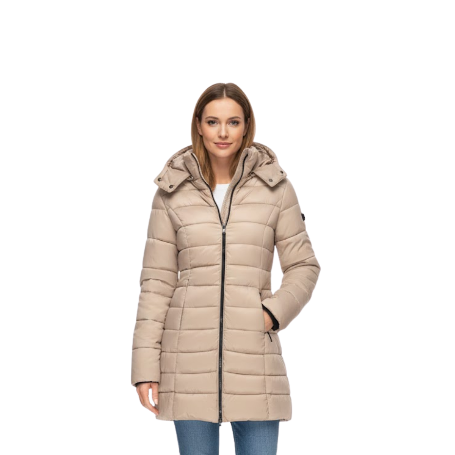 Parka Feminina Matelassada de Comprimento Médio com Capuz