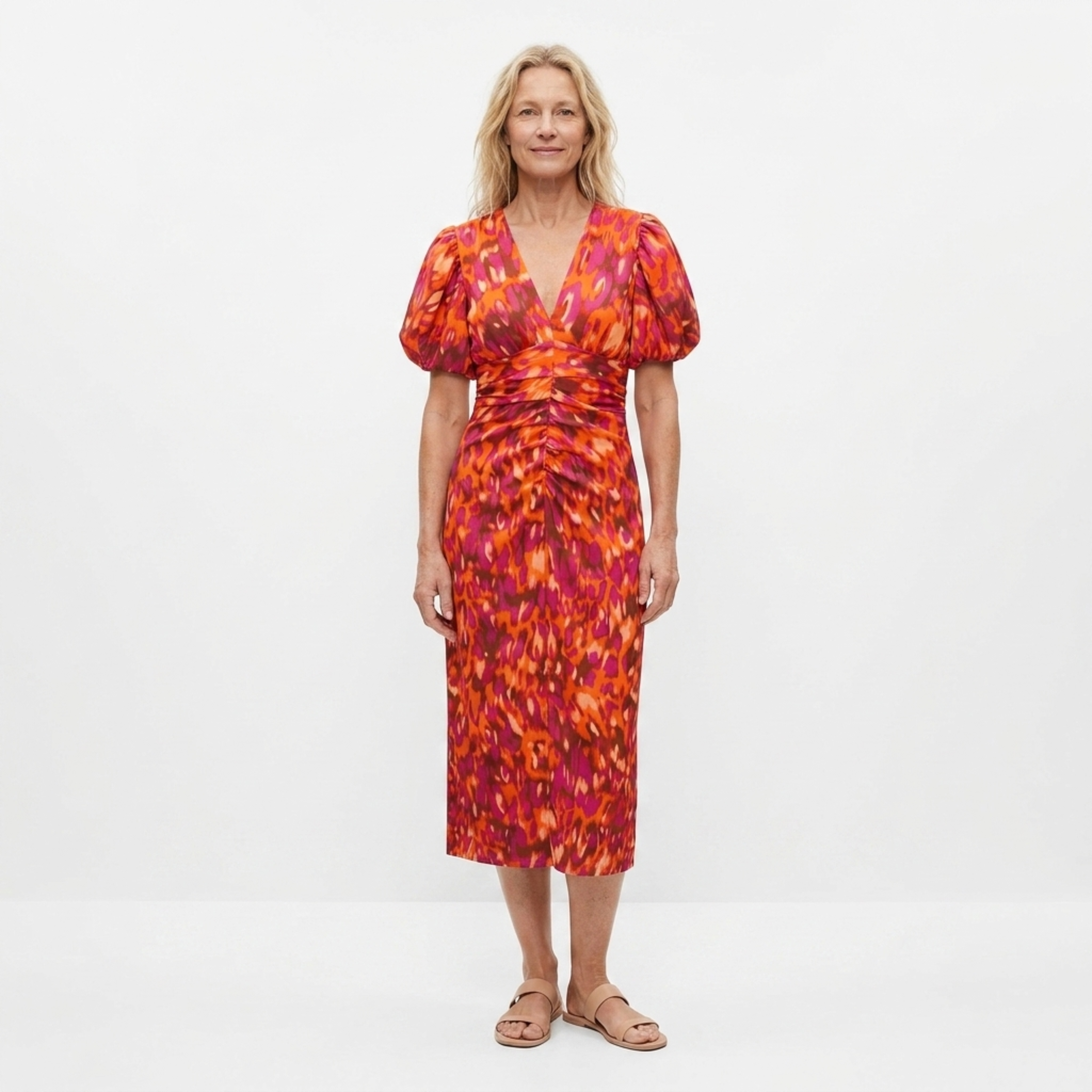 Printed long dress — V-neck and puff sleeves — party