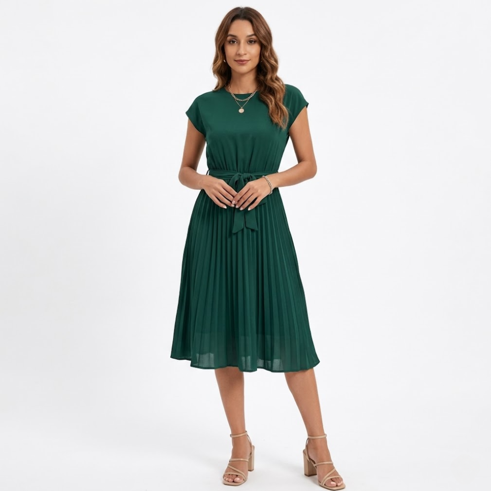 Robe Midi Plissée à Manches Courtes et Taille Haute avec Ceinture pour Femmes