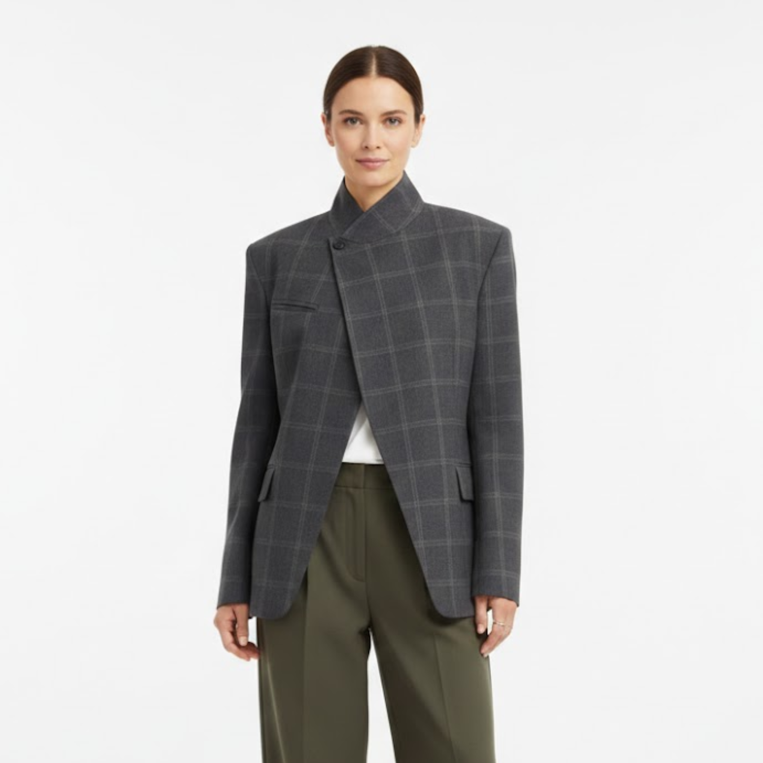 Veste courte à motif écossais pour femme avec col montant et manches fendues