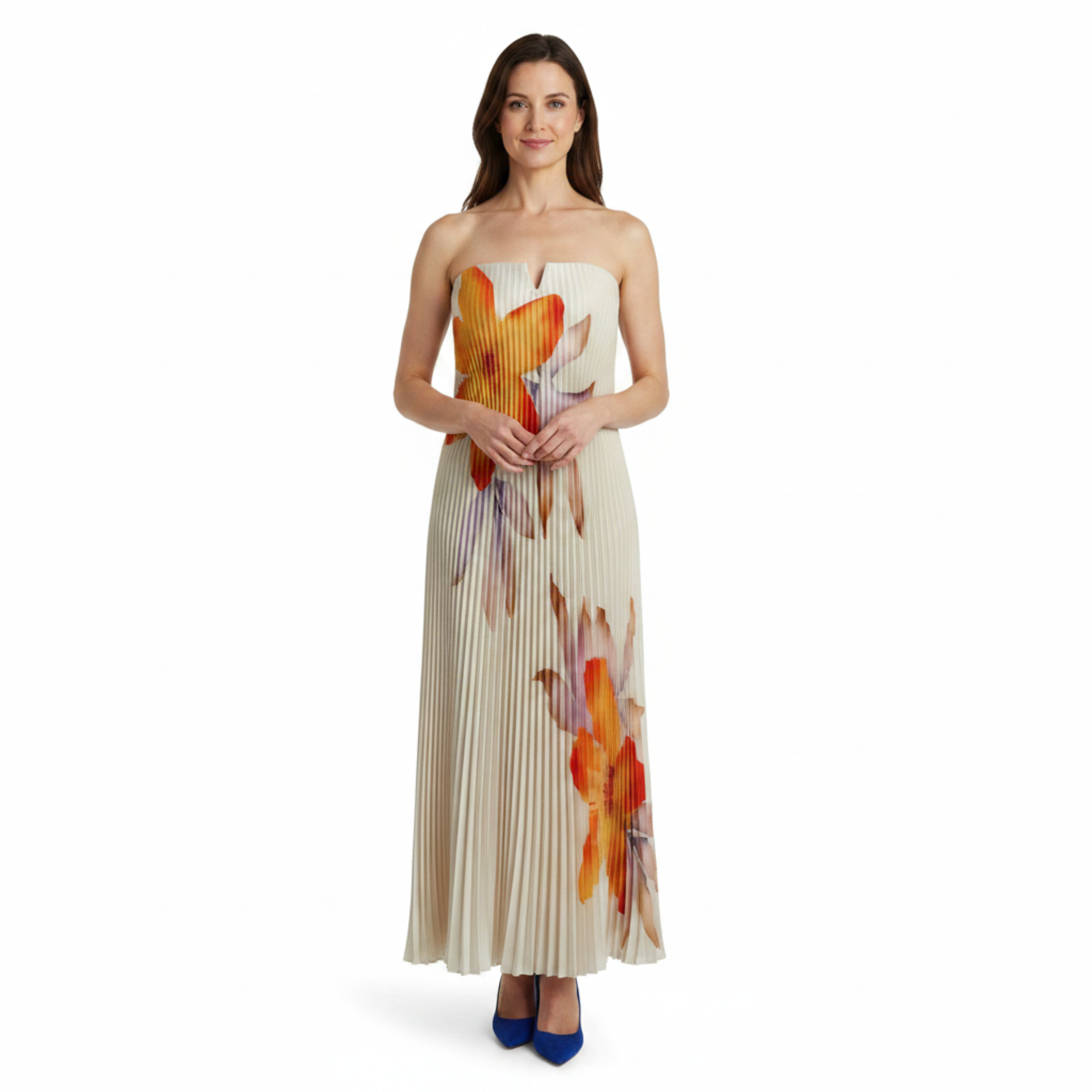 Rochie maxi plisată fără bretele, cu corset integrat și imprimeu floral