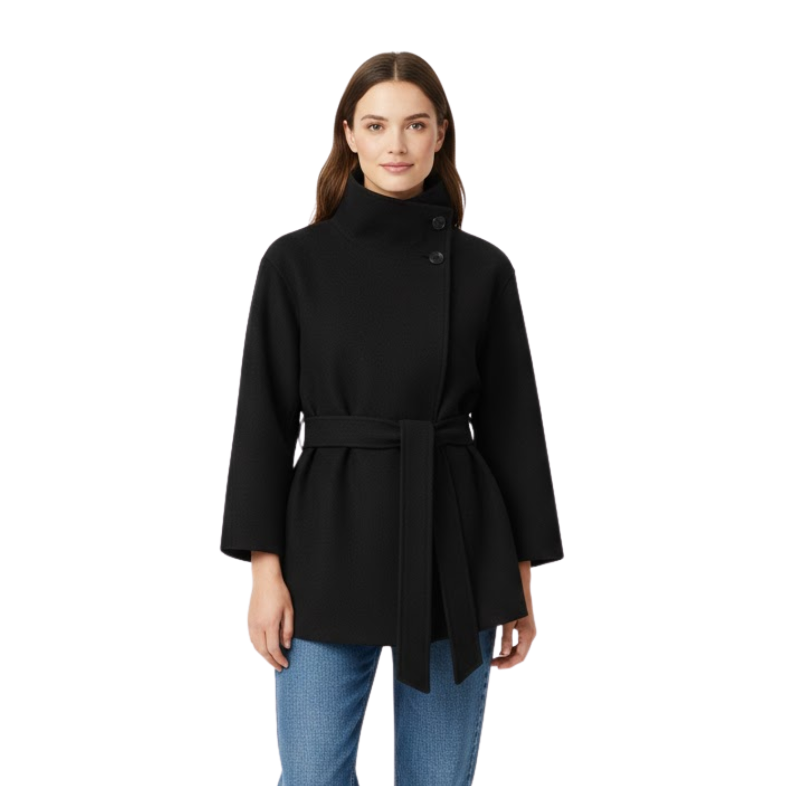 Damenmantel aus Kunstpelz mit Stehkragen und Gürtel, warme schicke Jacke