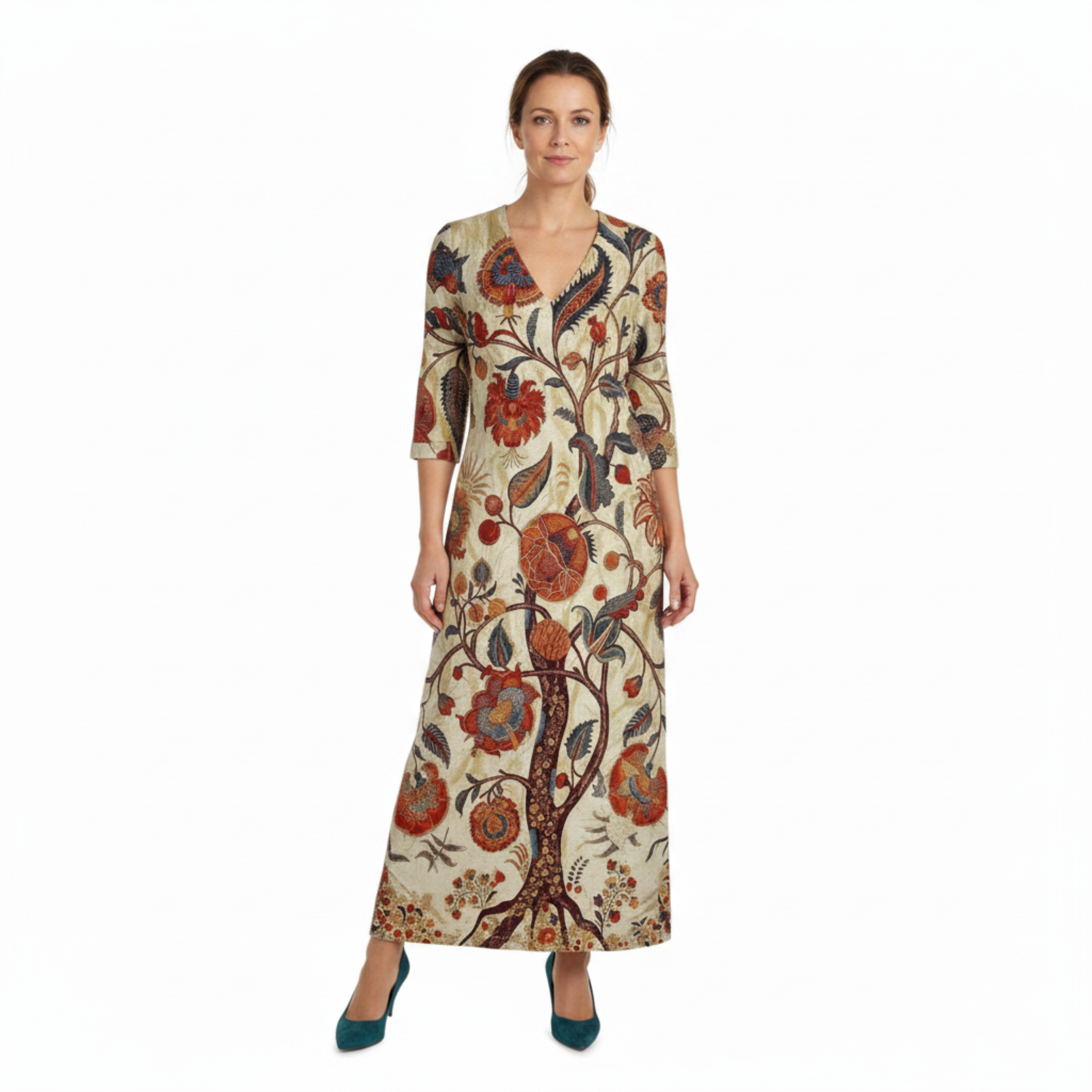 Vestido largo de lino para mujer con estampado floral bohemio y escote en V