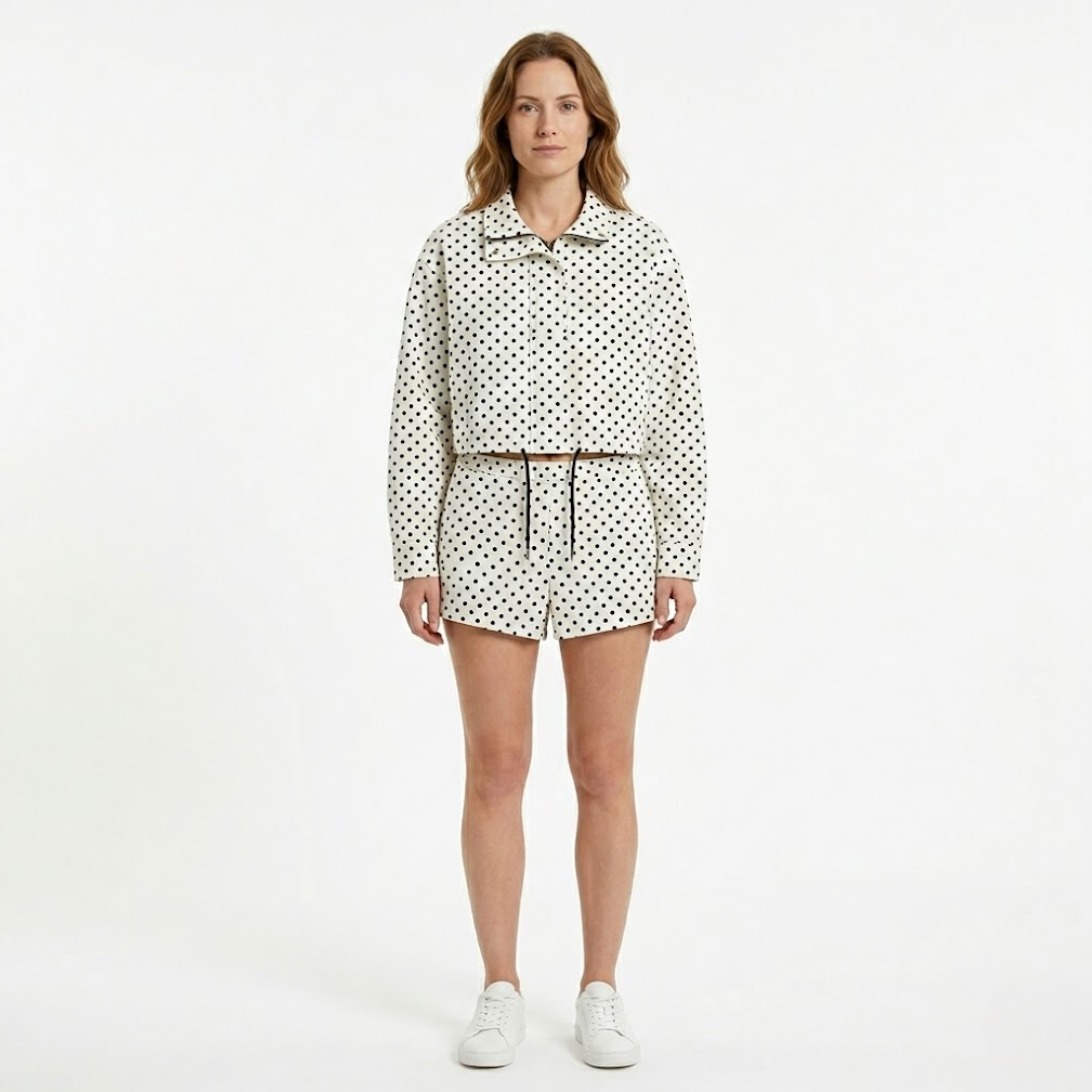 Veste Bomber Imprimée à Pois en Polyester avec Col Montant et Fermeture Éclair