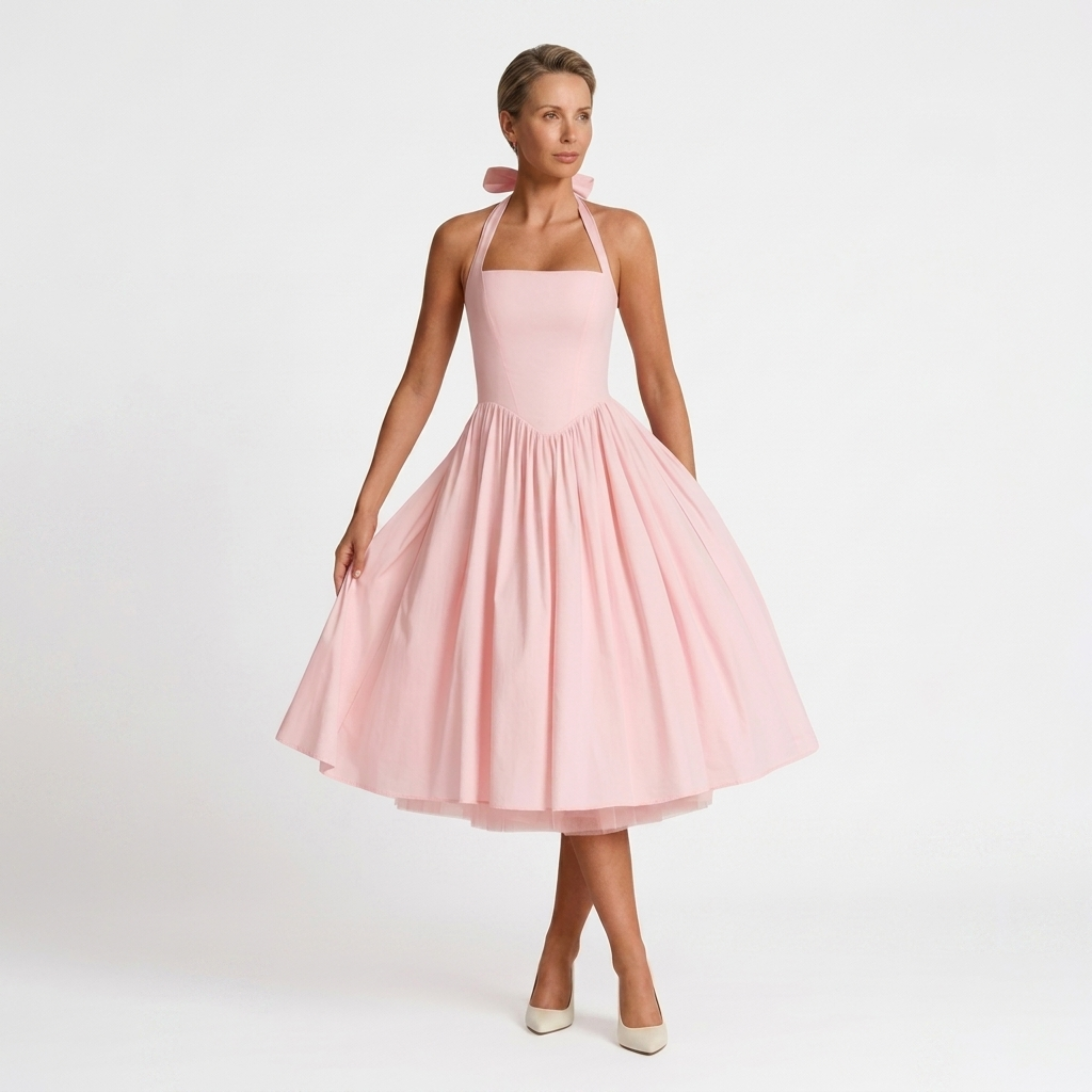 Women's midi halter dress — backless and full skirt — wedding and ceremony