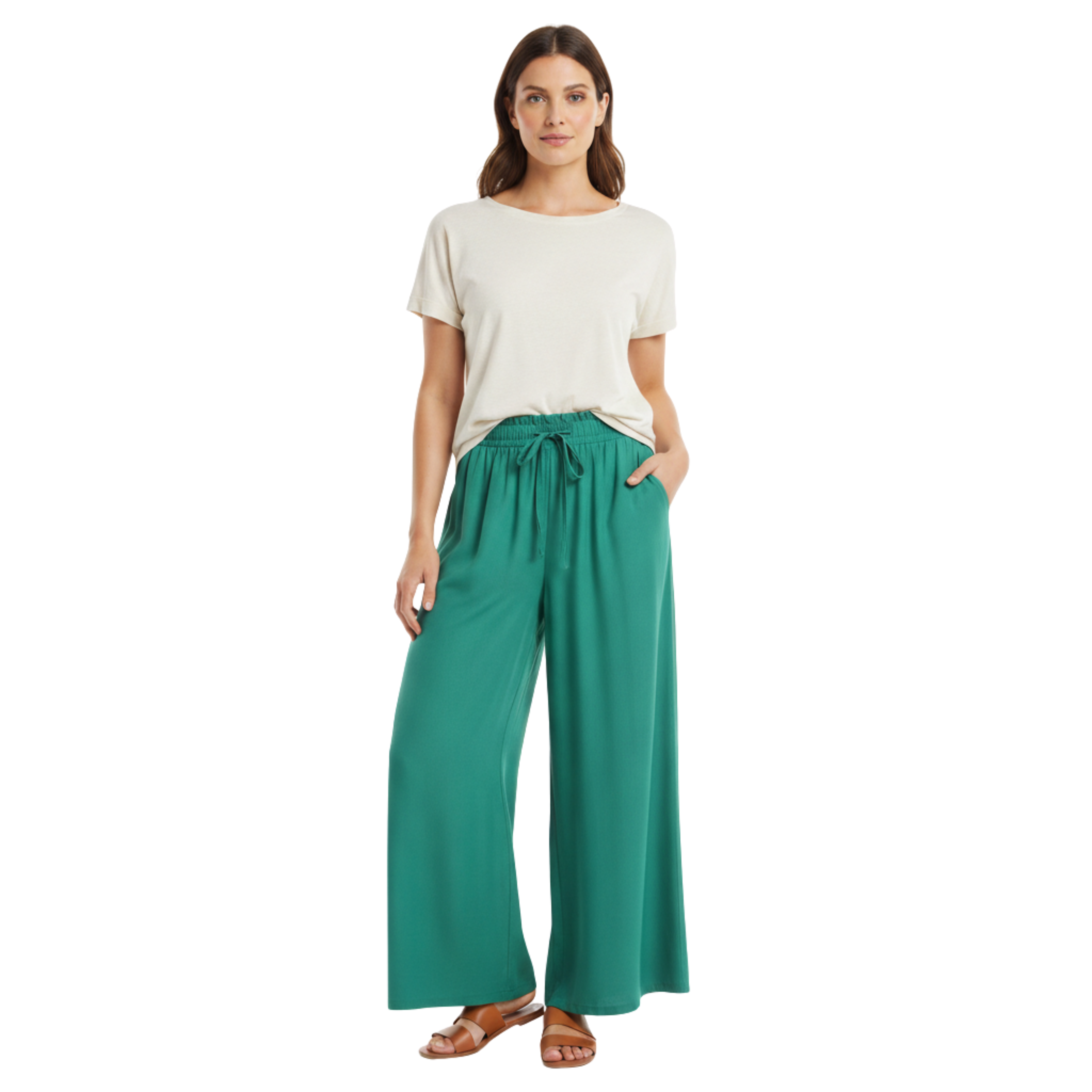 Pantalón amplio de pierna ancha para mujer con cintura elástica y bolsillos