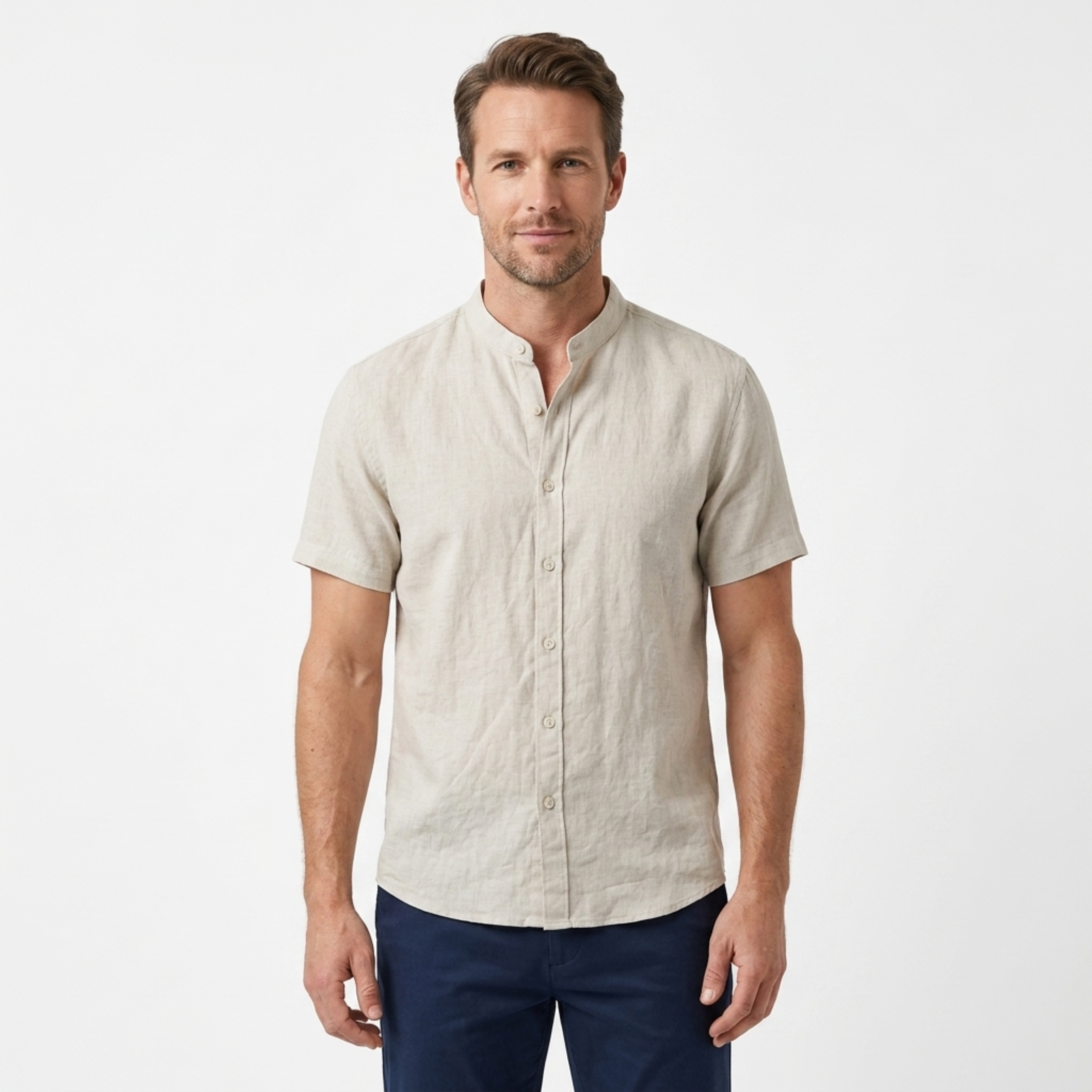 Men's Linen Shirt with Mandarin Collar and Short Sleeves — Summer