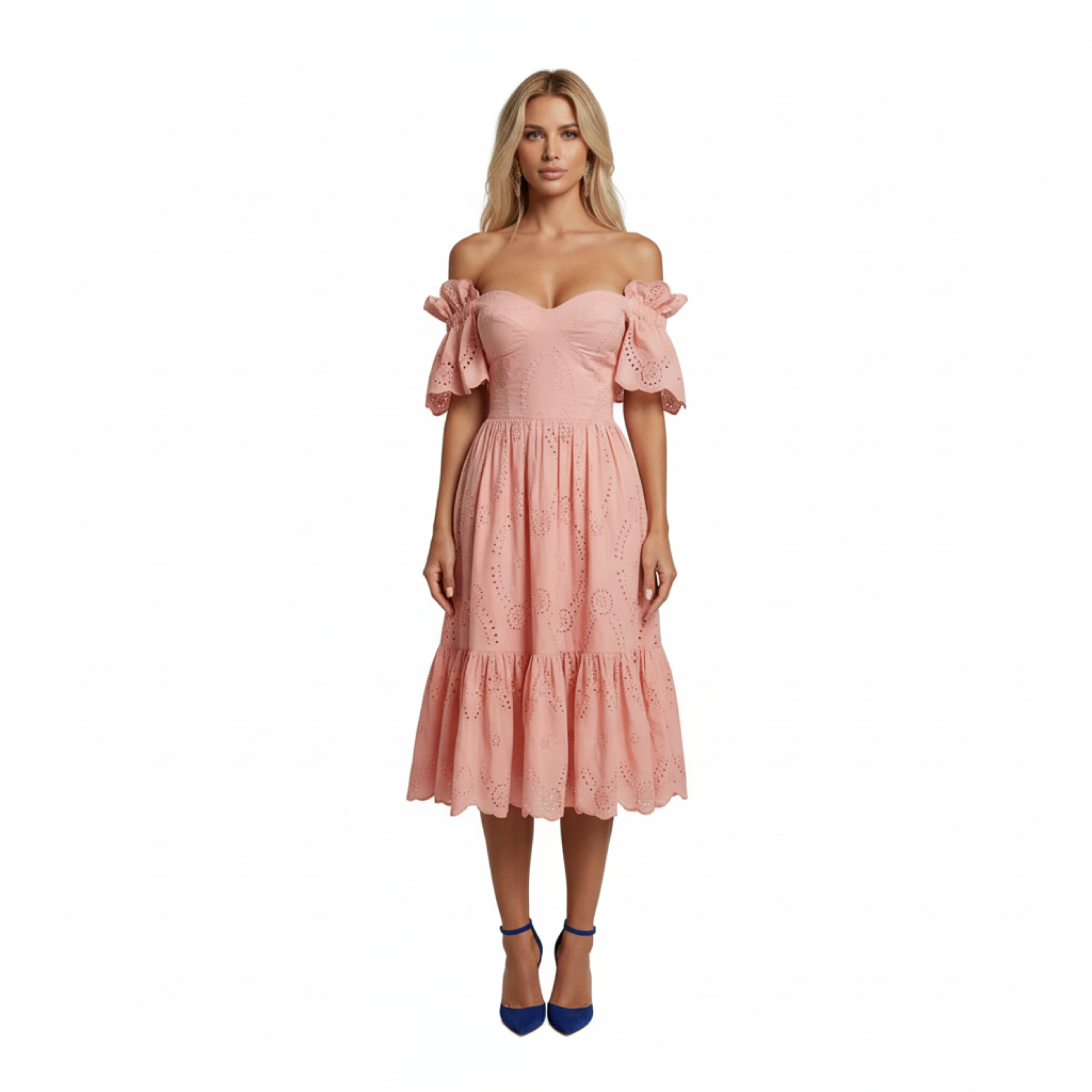 Vállakat szabadon hagyó, szív alakú nyakkivágású, Sangallo pamut középhosszú ruha