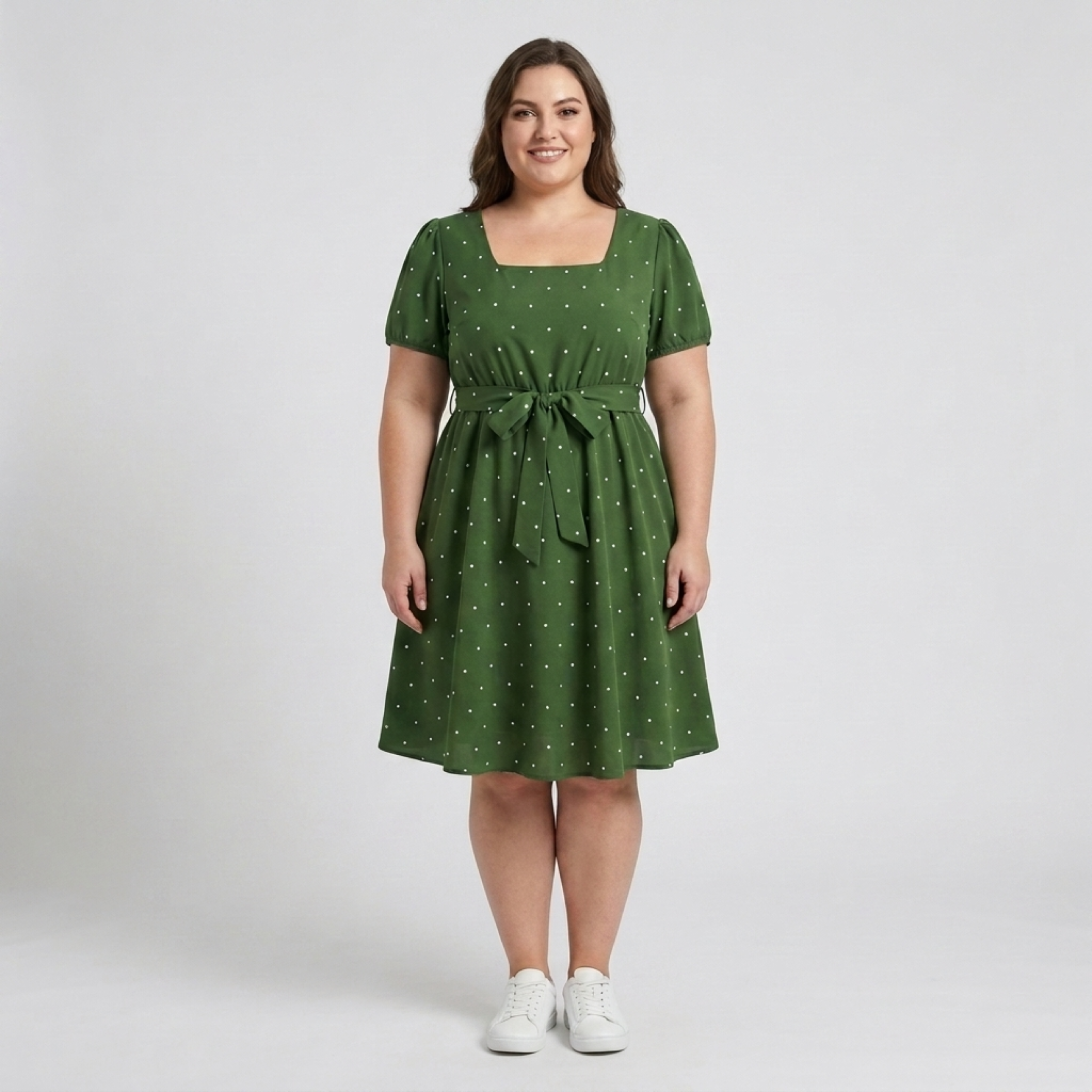 Vestito a trapezio taglia grande da donna a pois con scollo quadrato e maniche a sbuffo