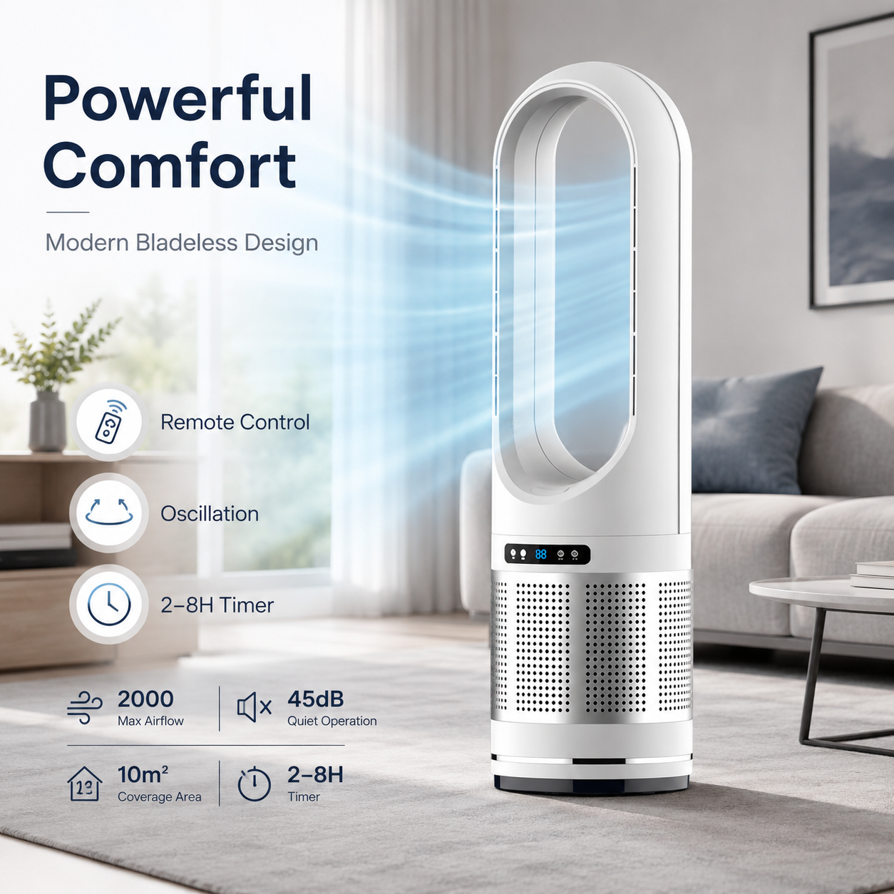 Ventilador de columna sin aspas con control remoto y oscilación