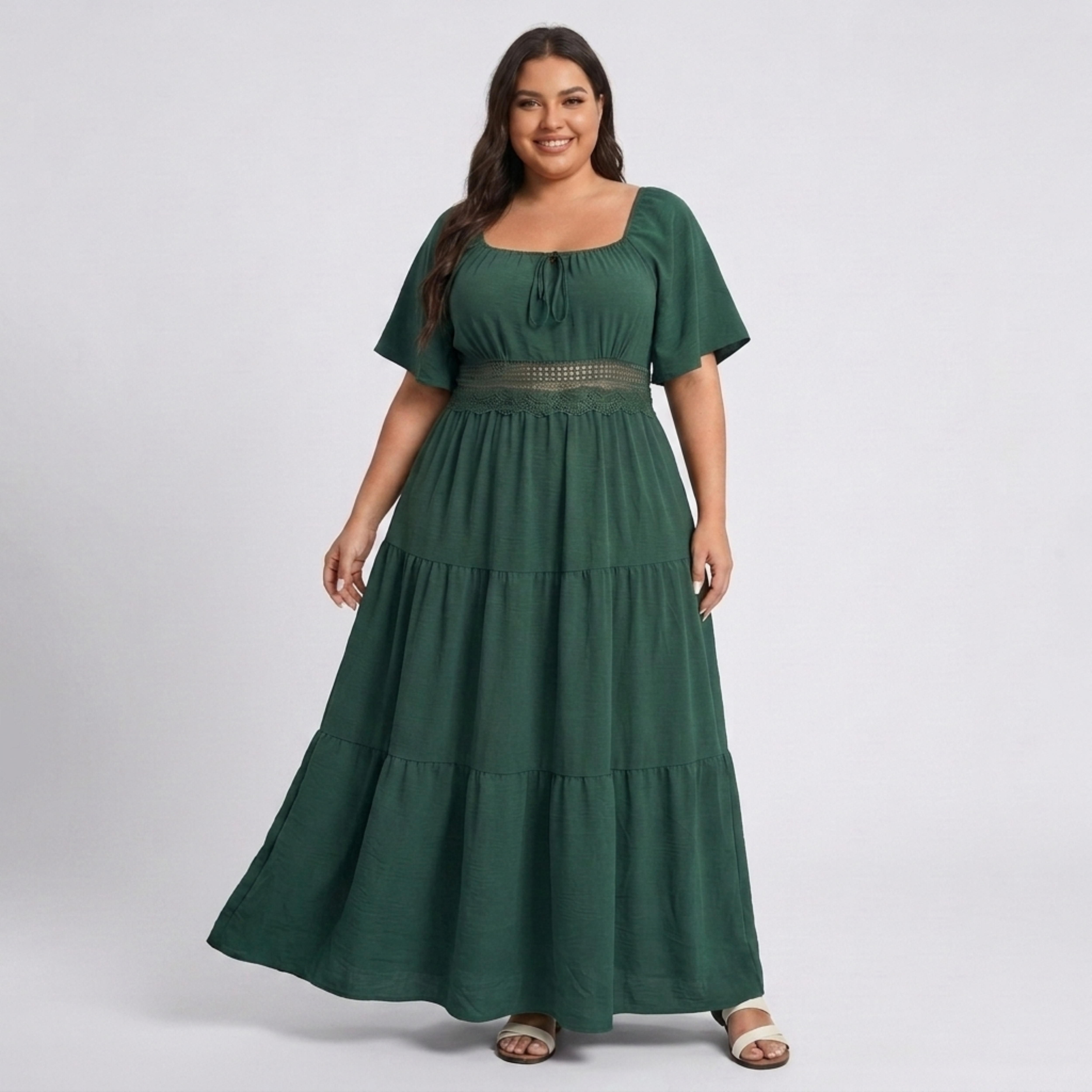 Rochie lungă mărime mare cu imprimeu rustic, guler pătrat și mâneci fluture