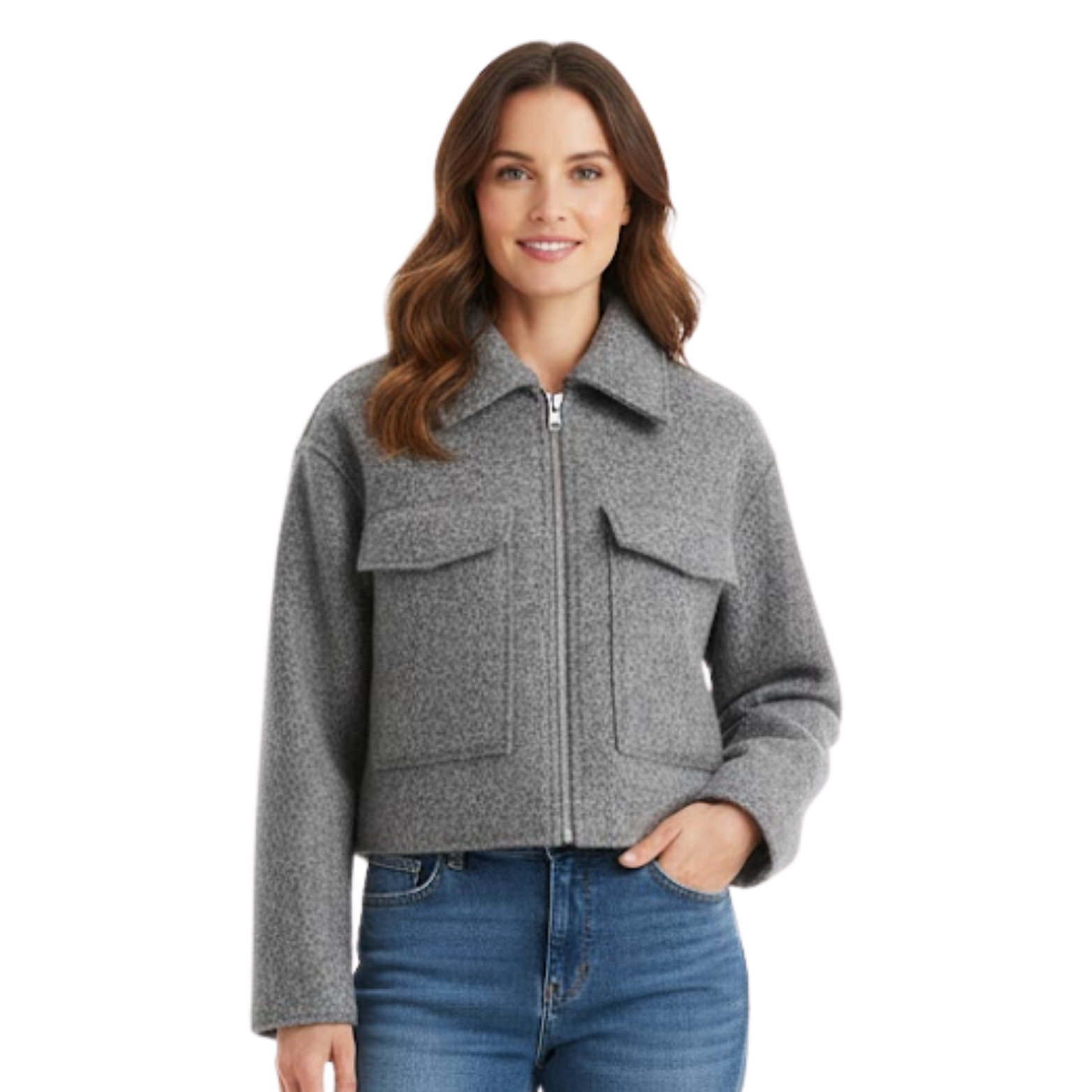 Manteau Court Femme en Tweed avec Fermeture Zippée