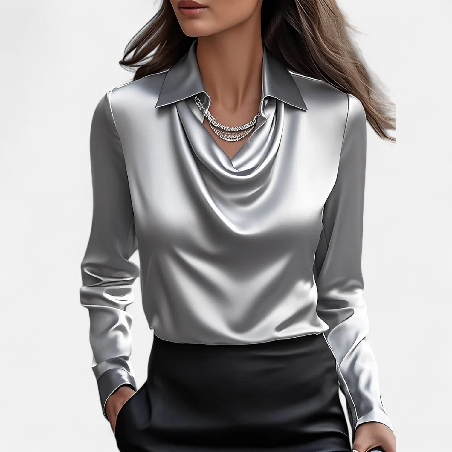 Ancienne Monde | Blouse Blanche en Satin Femme – Encolure Drapée, Élégance Intemporelle