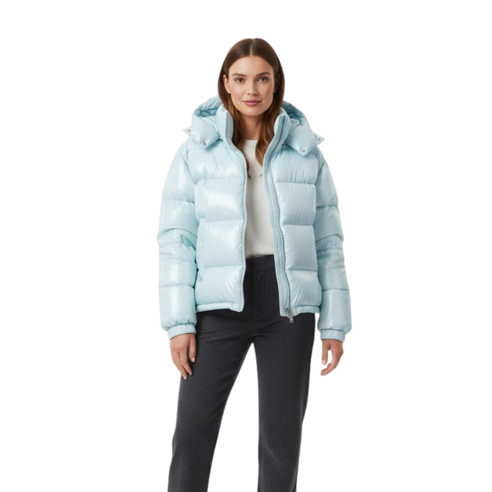 Women's Shiny Quilted Jacket with Hood, High Zipper Closure, Warm and Cozy