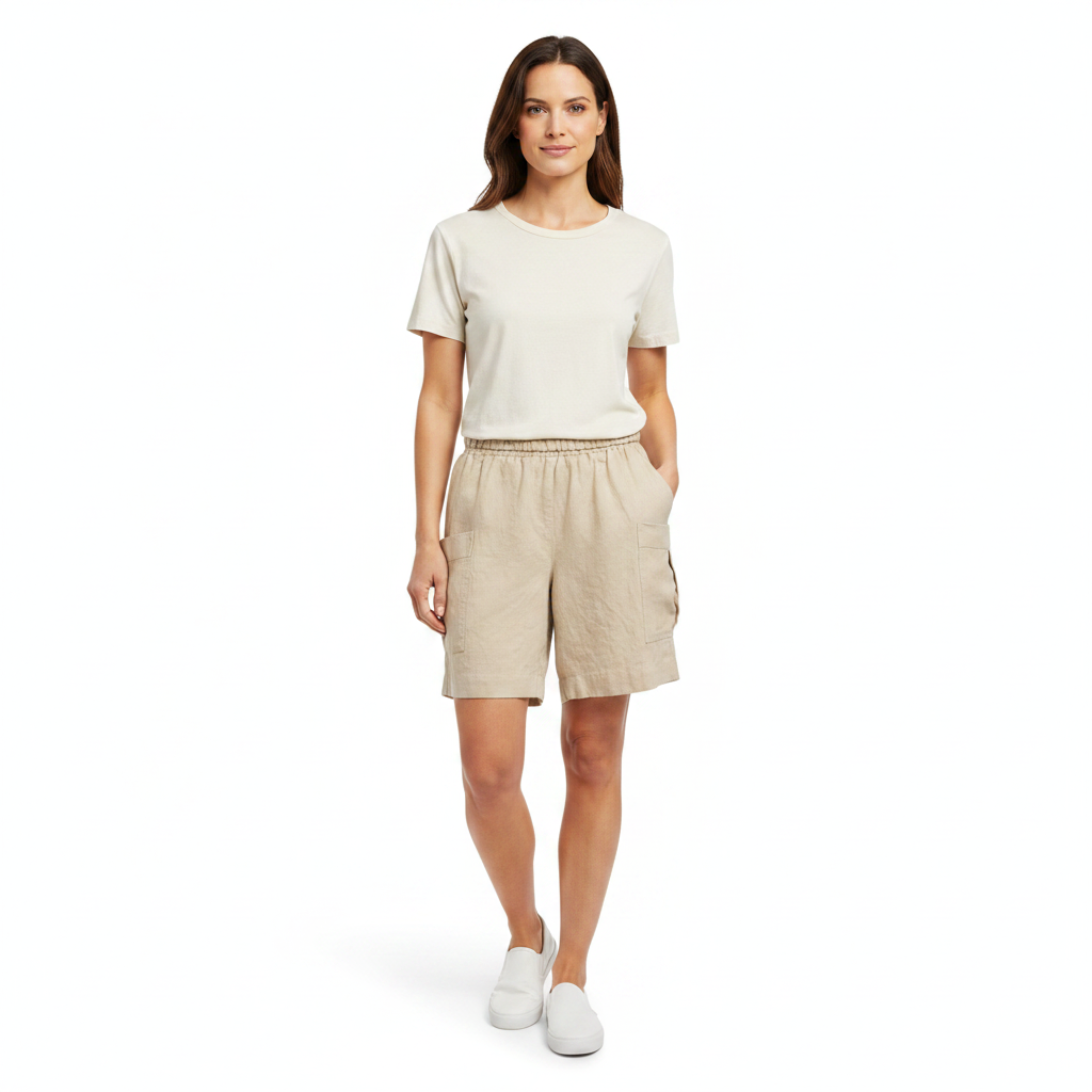 Short bermuda de lino para mujer con talle alto y bolsillos aplicados