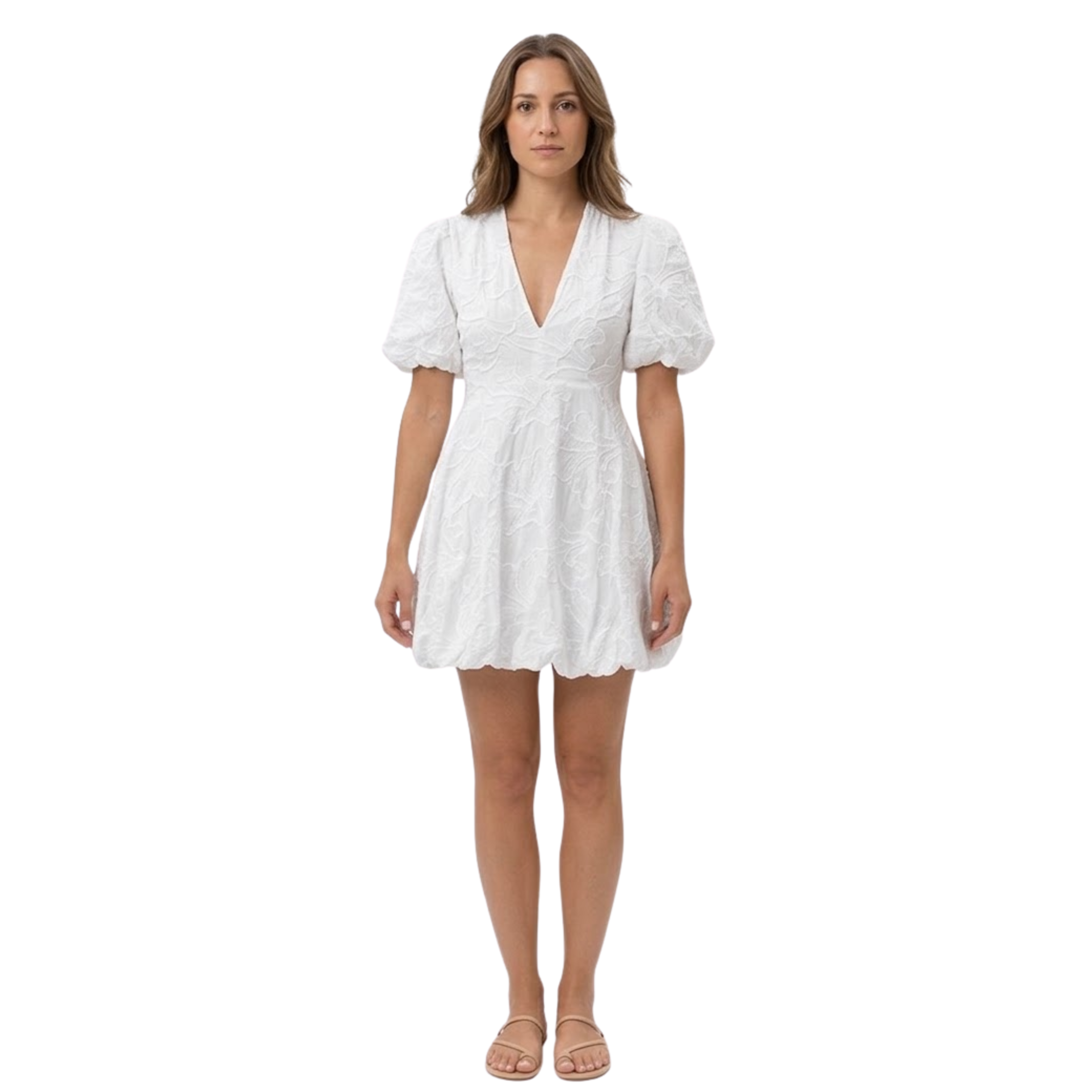 Robe Courte Brodée avec Col en V et Manches Bouffantes