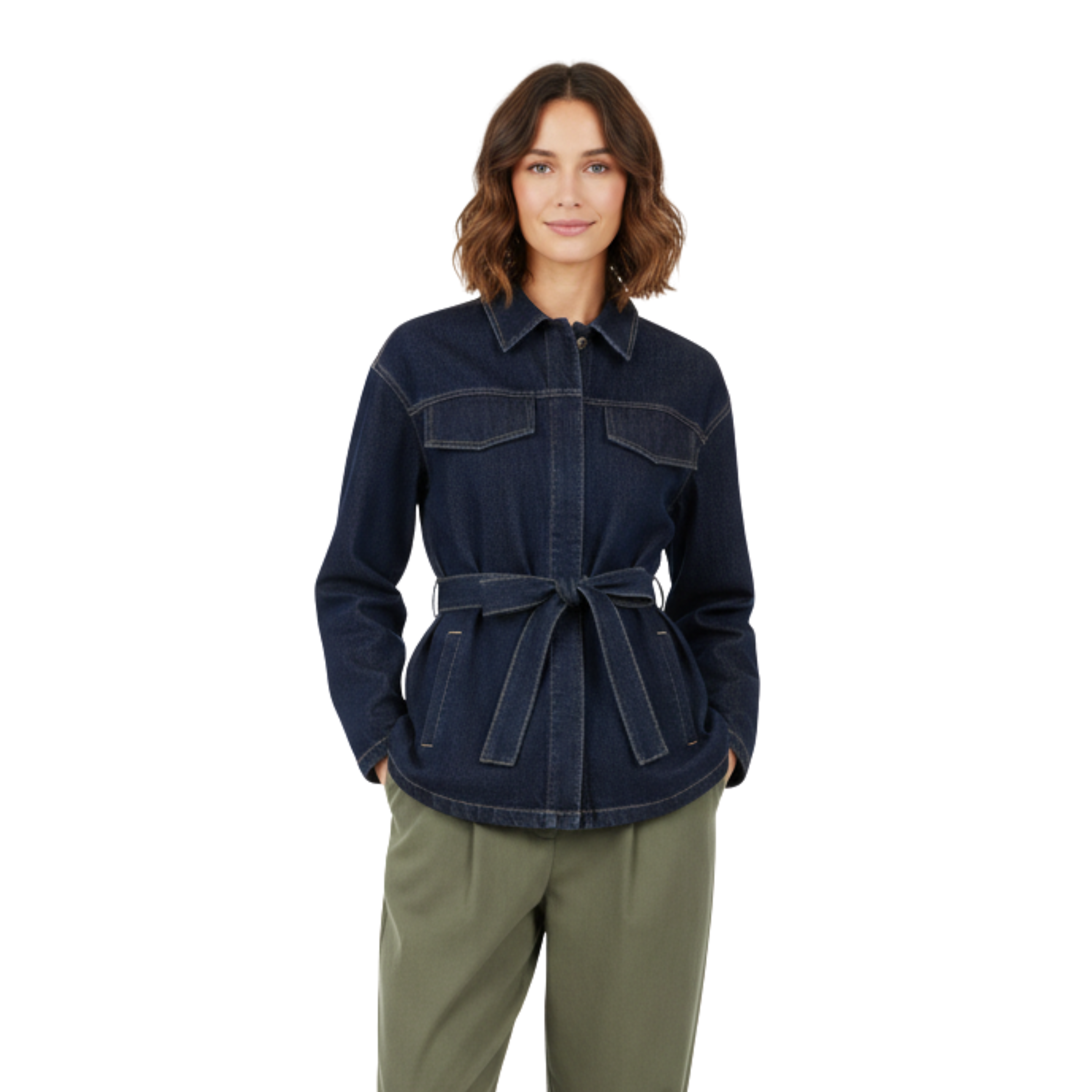 Veste en Jean avec Ceinture à Nouer et Poches à Rabat pour Femme