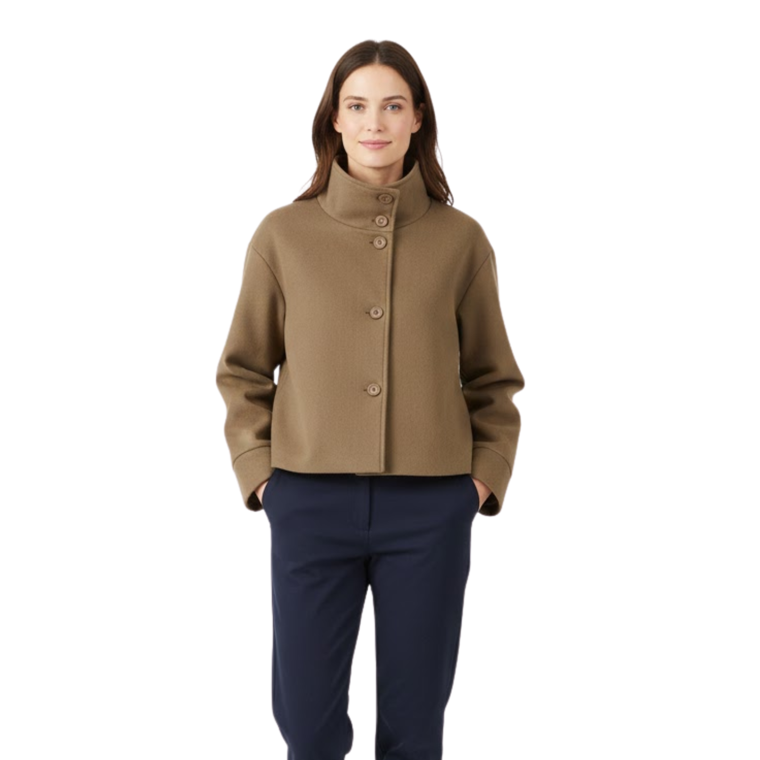 Women's winter coat in wool with a stand-up collar, single-breasted, loose fit and long sleeves