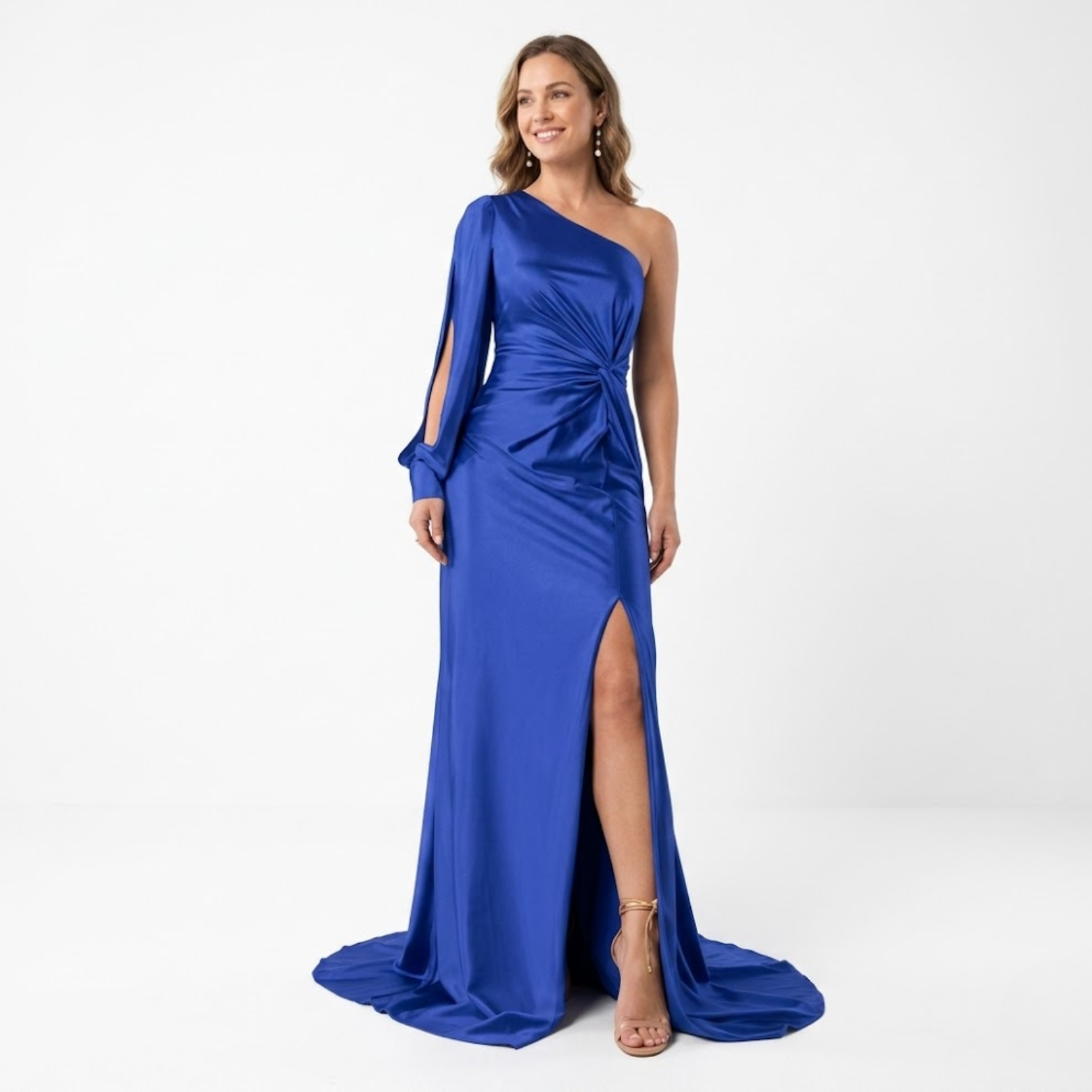 Robe Longue de Soirée Asymétrique à Manches Longues Fendue et Dos Nu pour Femmes