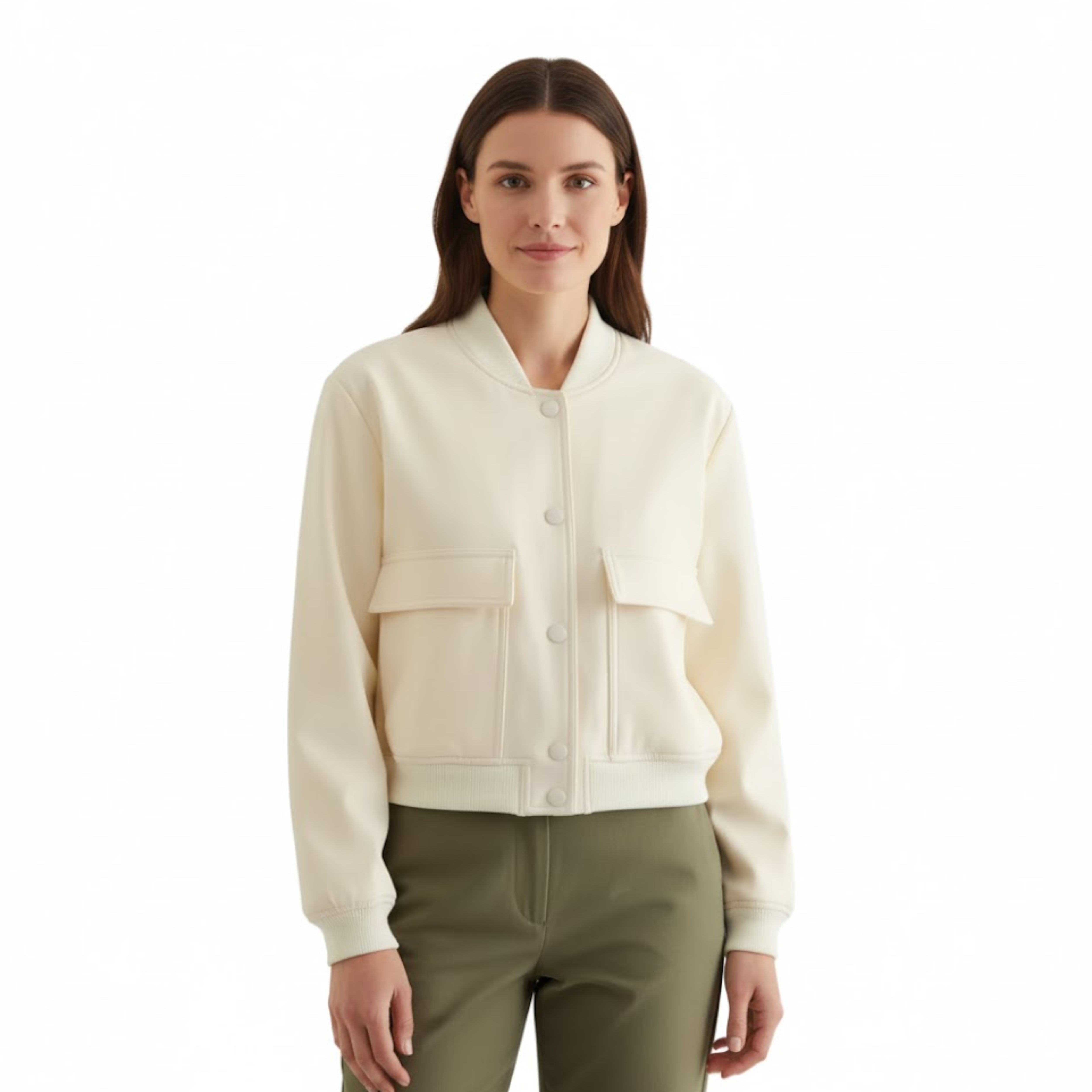 Veste Bomber Courte à Boutons avec Poches à Rabat pour Femme