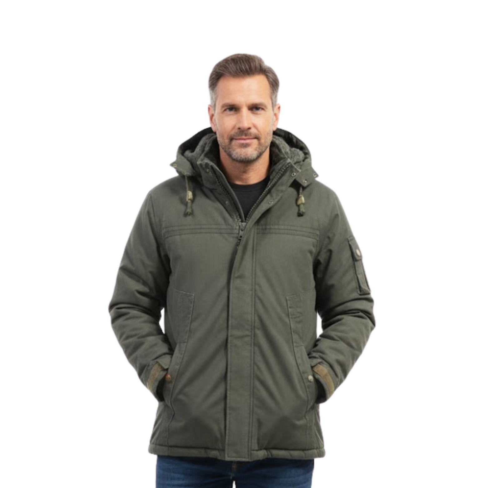 Parka Homem Militar em Algodão Lavado e Polar Grosso