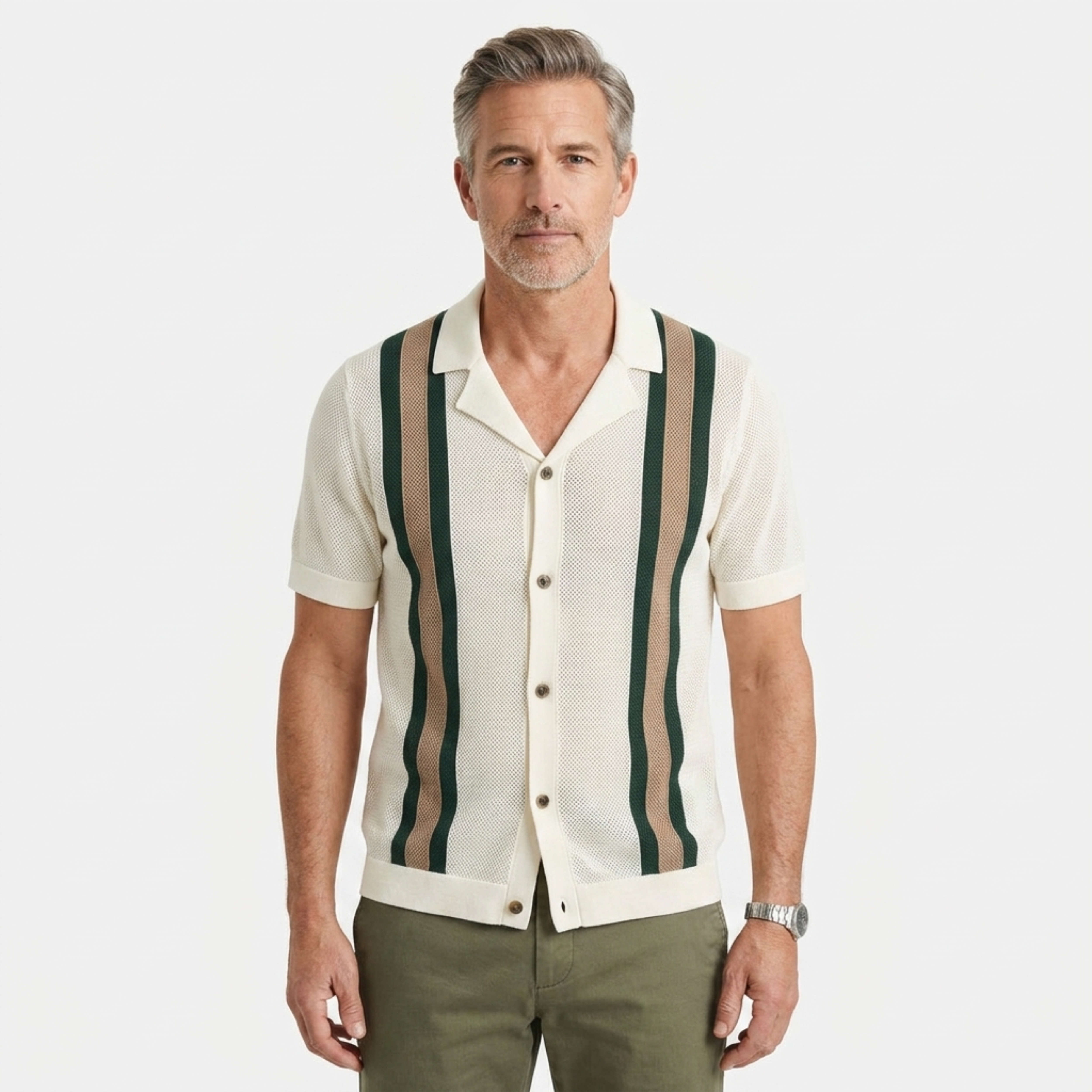 Men's knit polo — vertical stripes — vintage seaside style