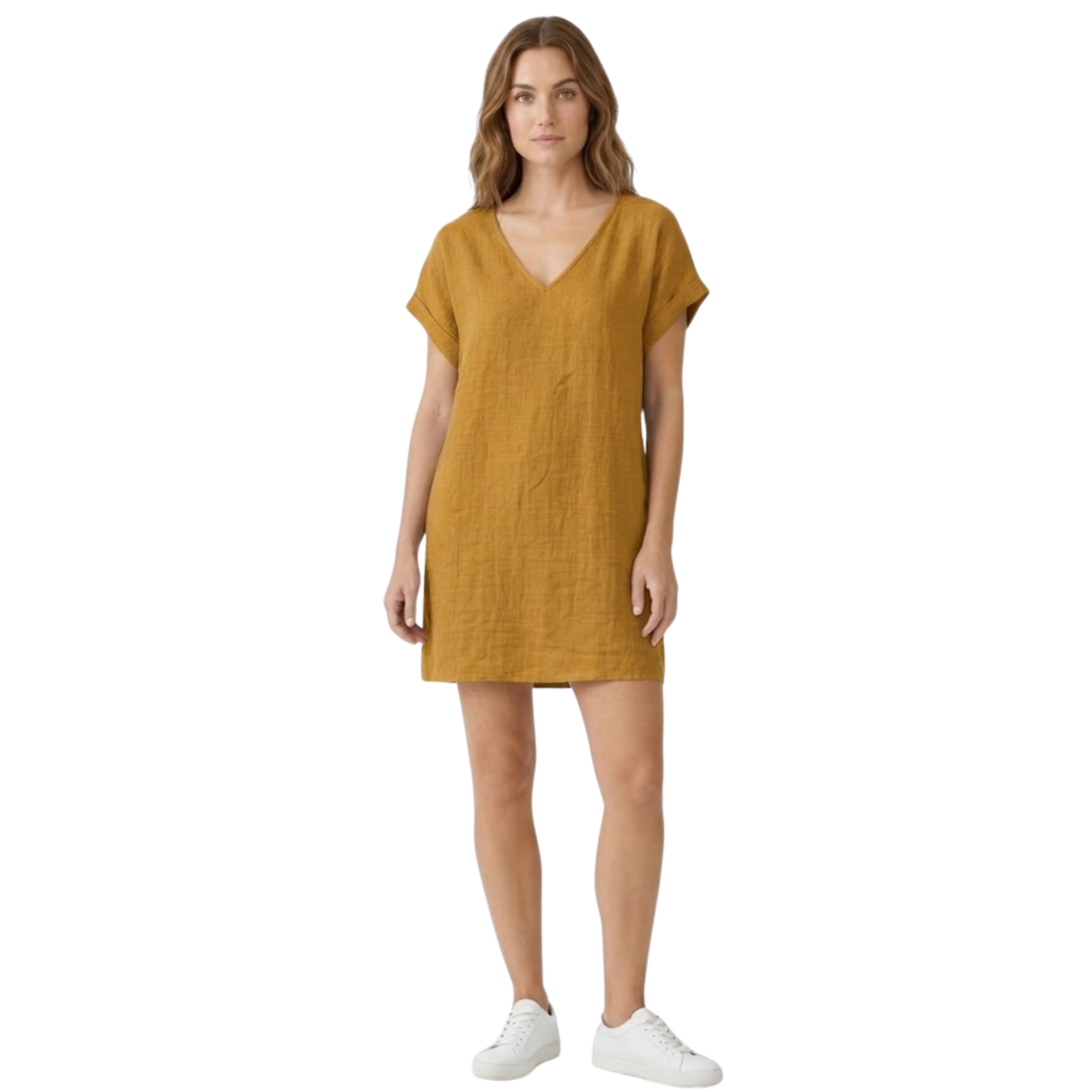 Robe courte en lin à col en V et manches courtes à revers