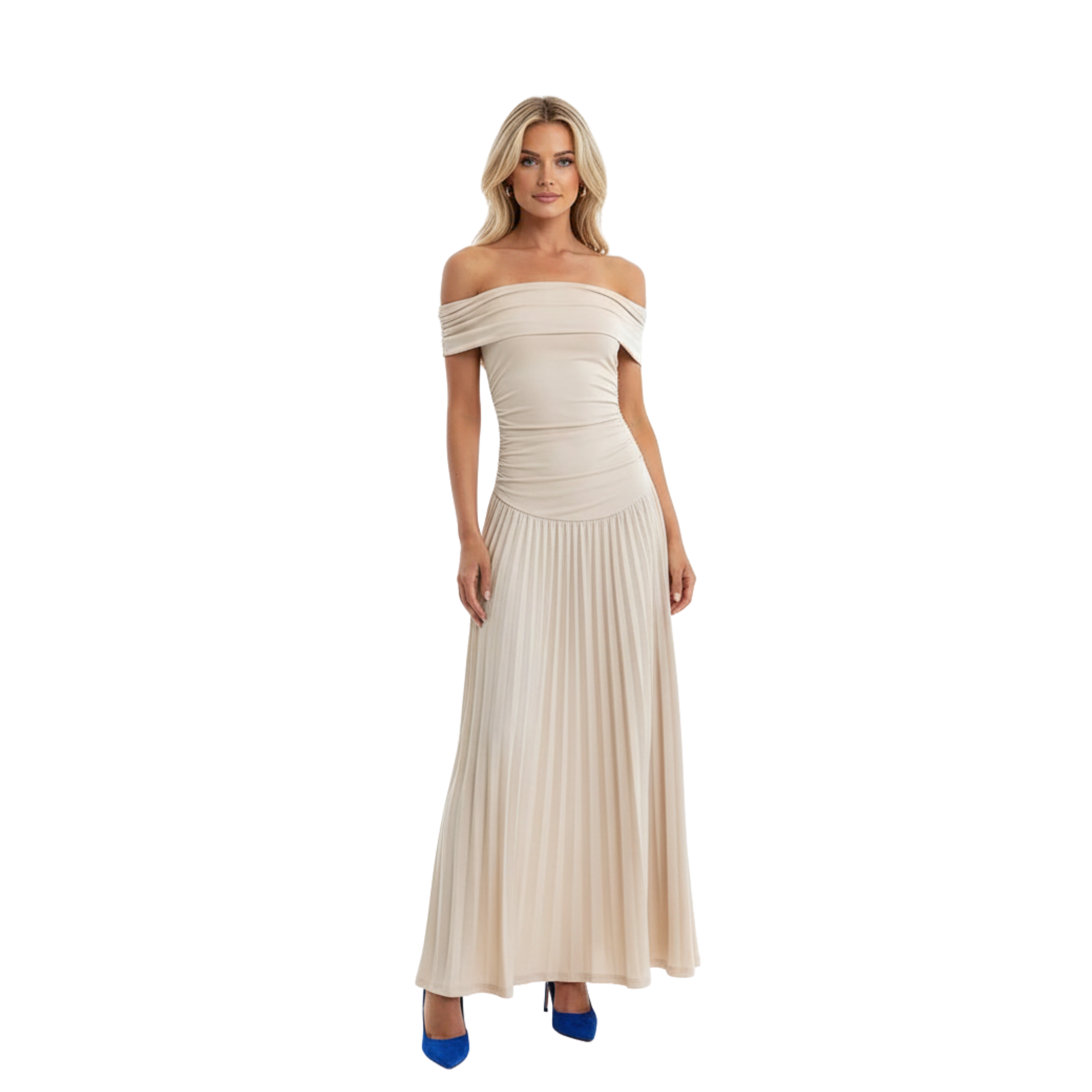 Vestido Longo Plissado com Ombros Descobertos e Costas Nuas para Mulher