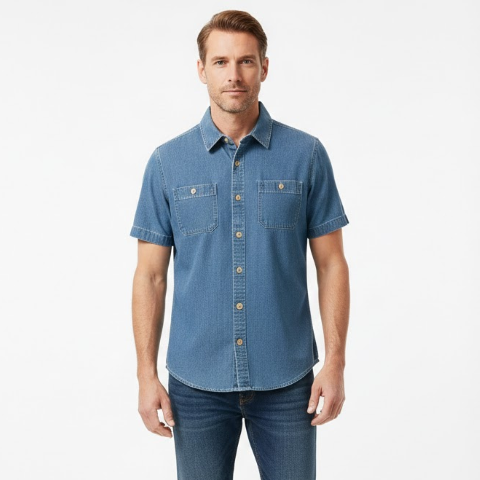 Chemise en jean à manches courtes pour homme 100% coton avec poches poitrine