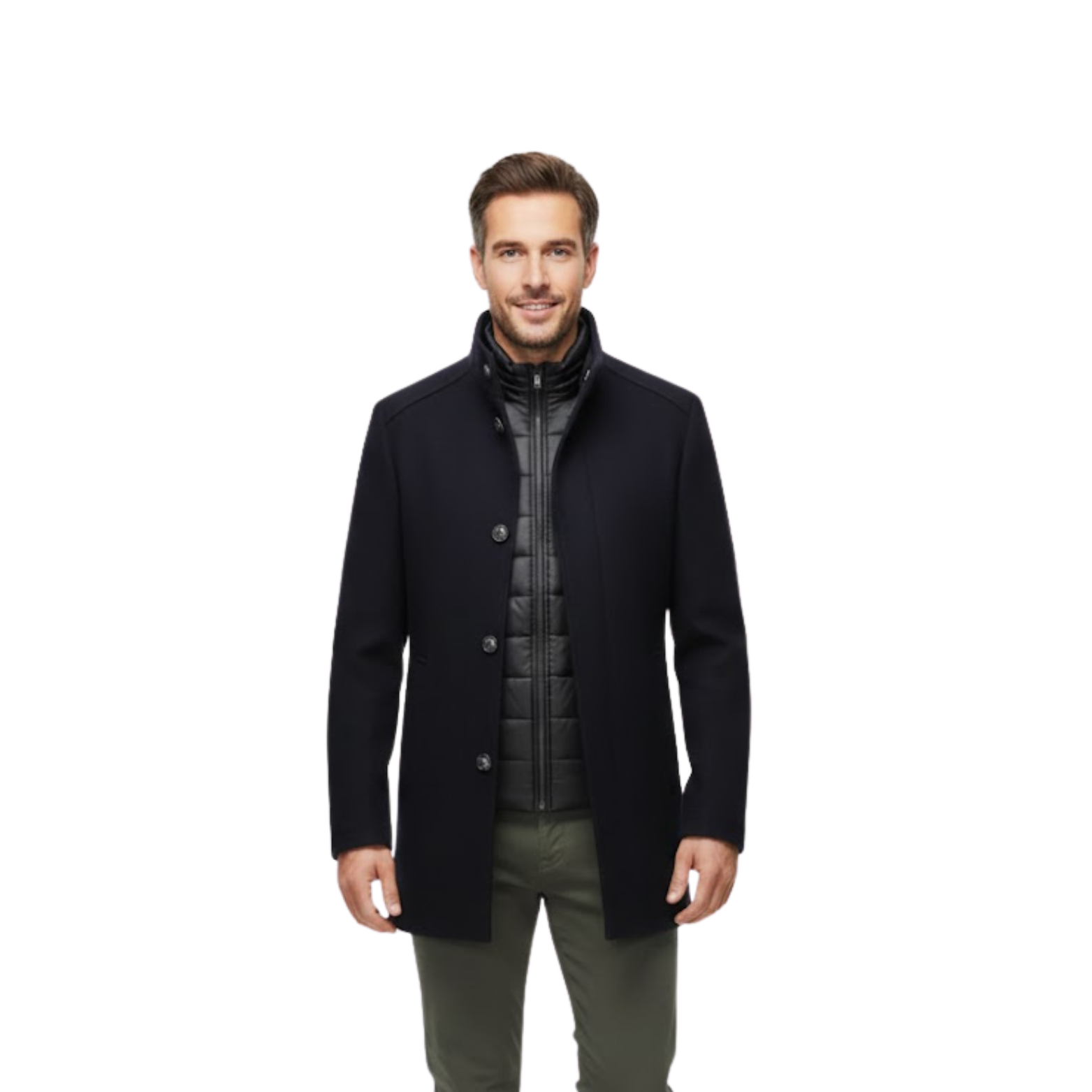 Manteau long en laine à col montant et double boutonnage