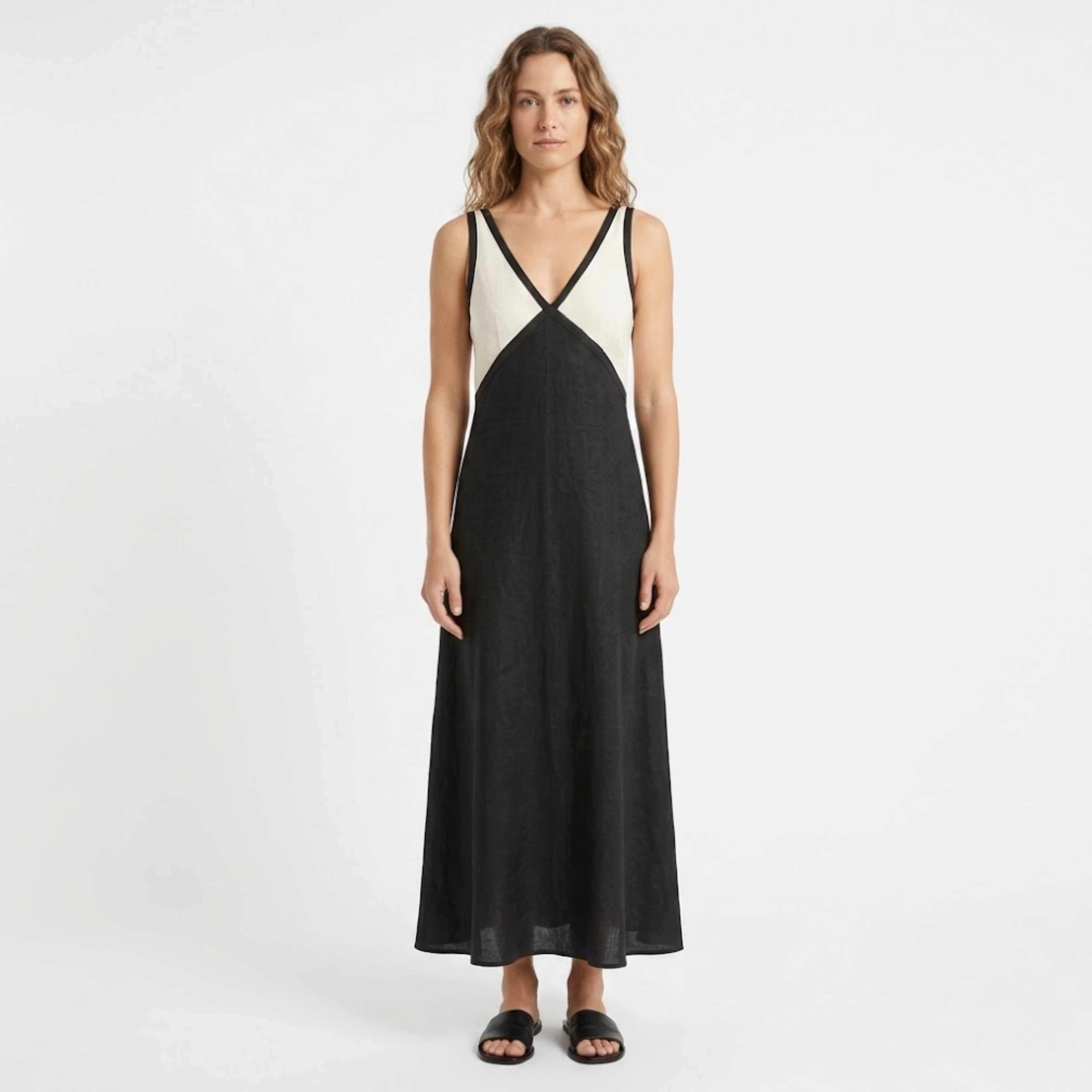 Robe Longue Satinée sans Manches avec Col en V et Design Contrasté