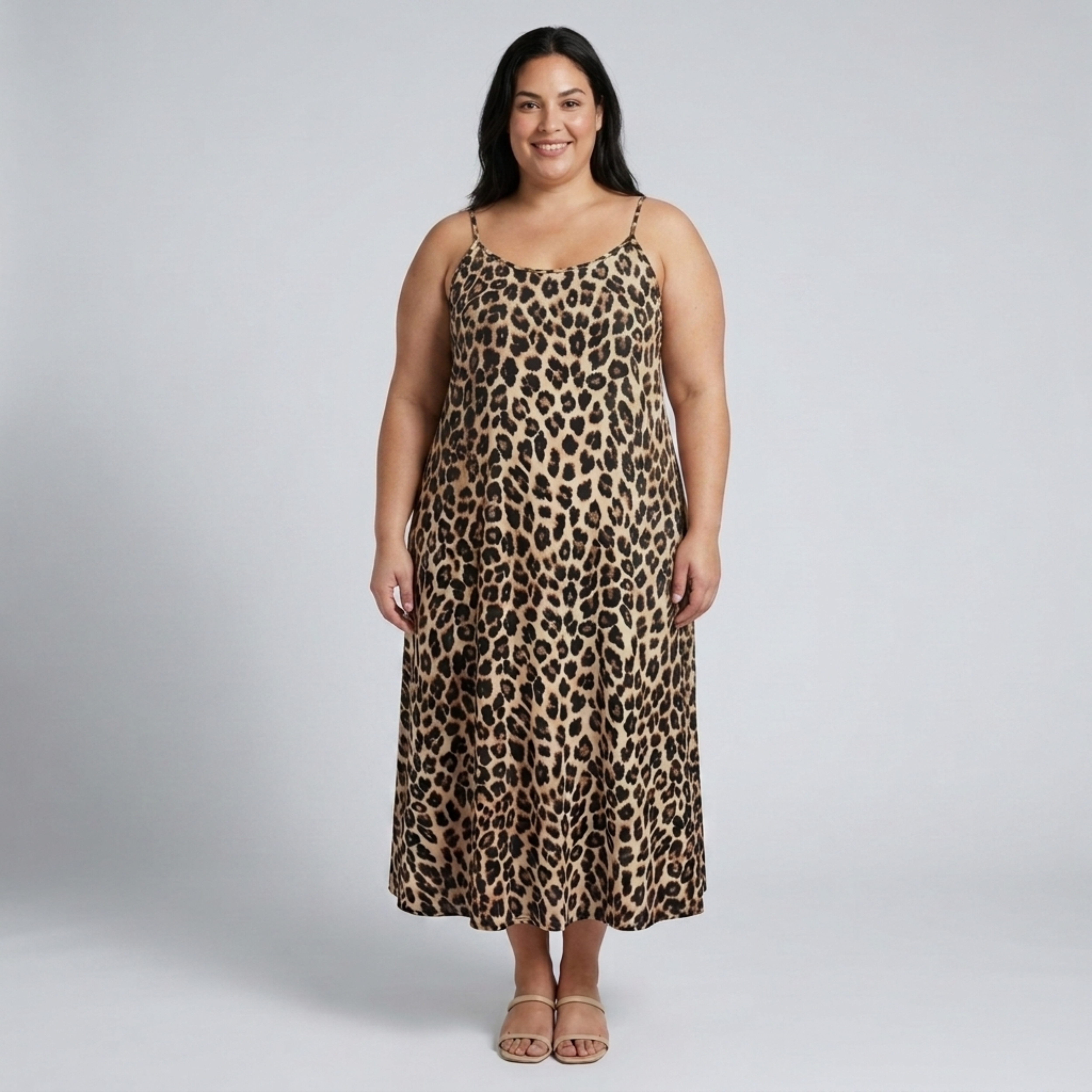 Rochie lungă mărime mare pentru femei cu bretele, imprimeu leopard