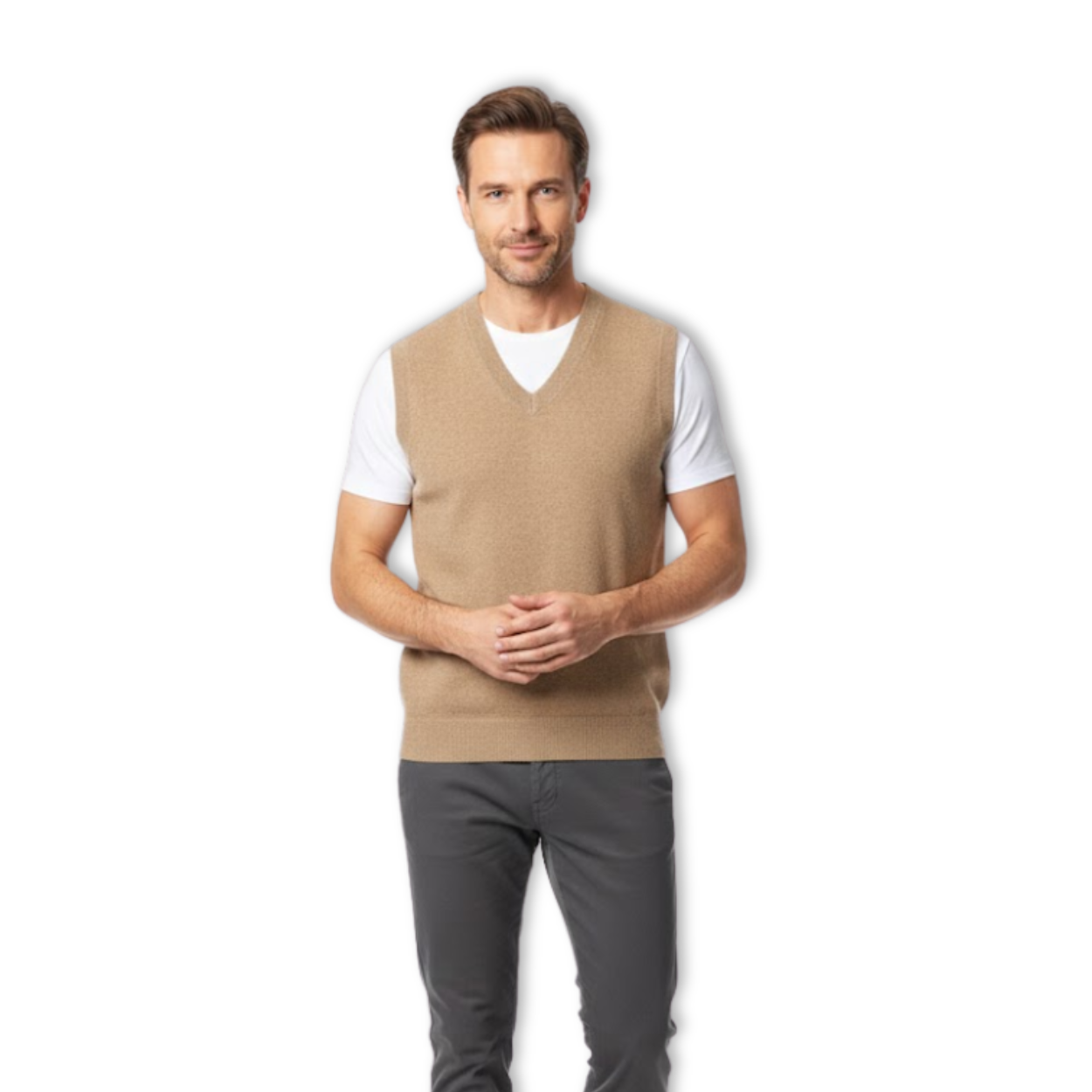 Men's sleeveless shirt 100% merino wool V-neck classic fit