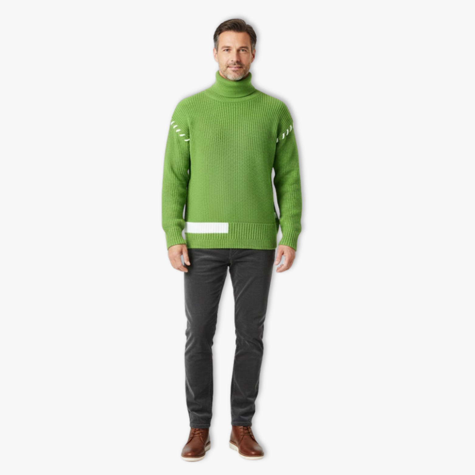 New men's turtleneck sweater, youthful and dynamic style, loose and relaxed fit, warm patchwork knit