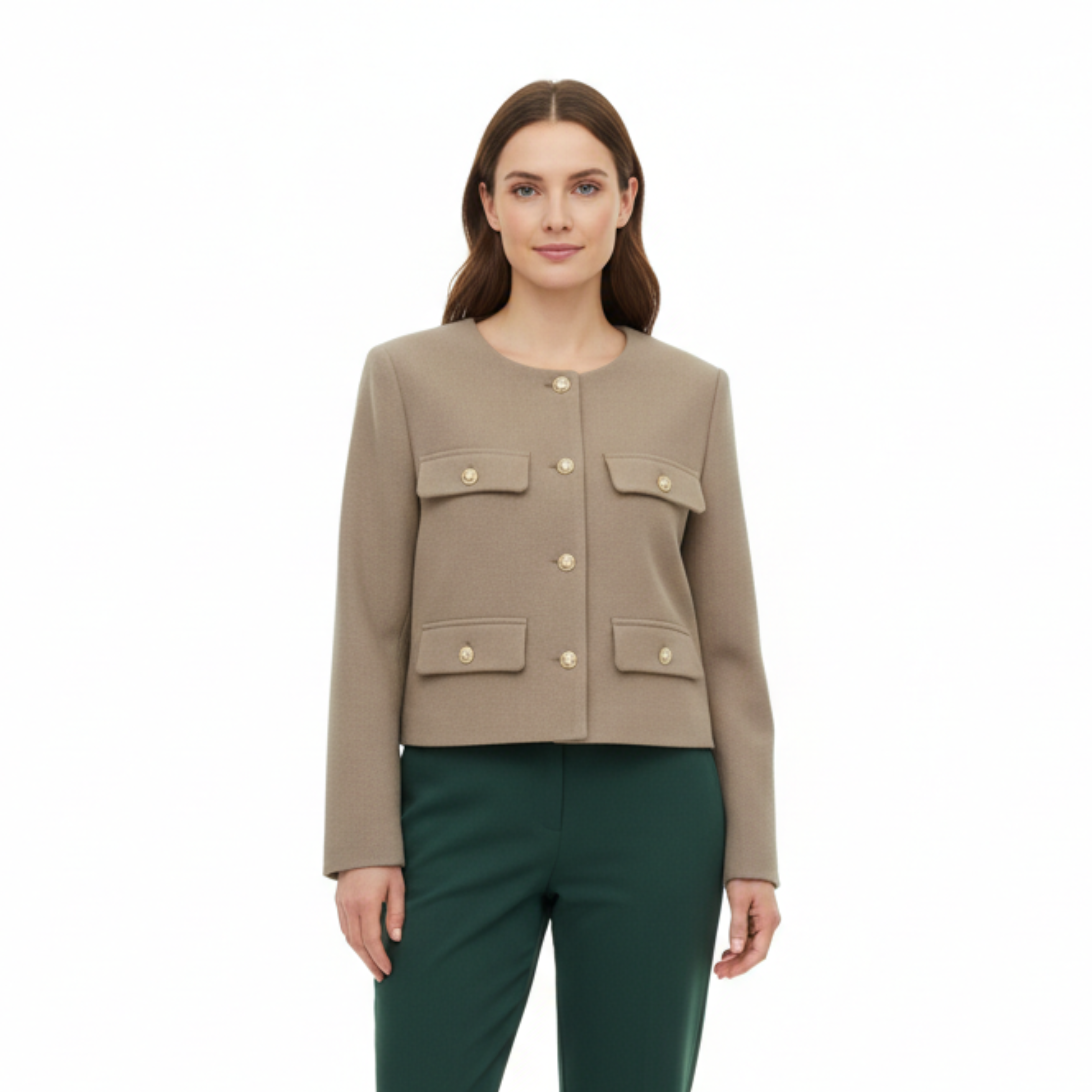 Veste en Polyester à Col Rond avec Boutons Dorés et Poches pour Femme