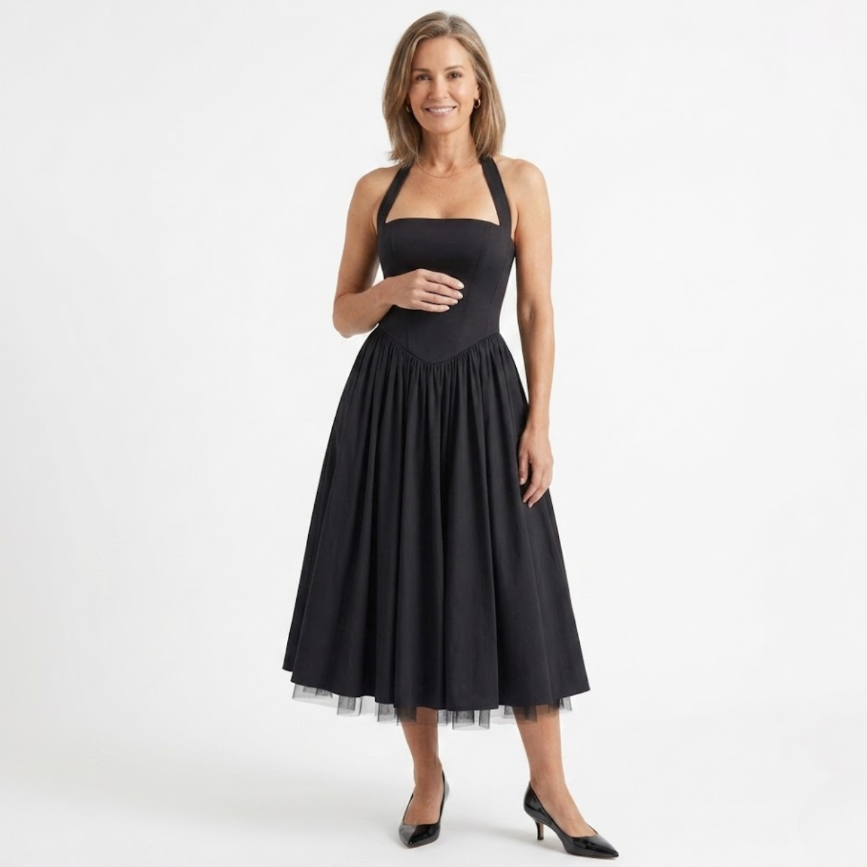 Midi trapeze dress with open back and fitted waist for women, elegant