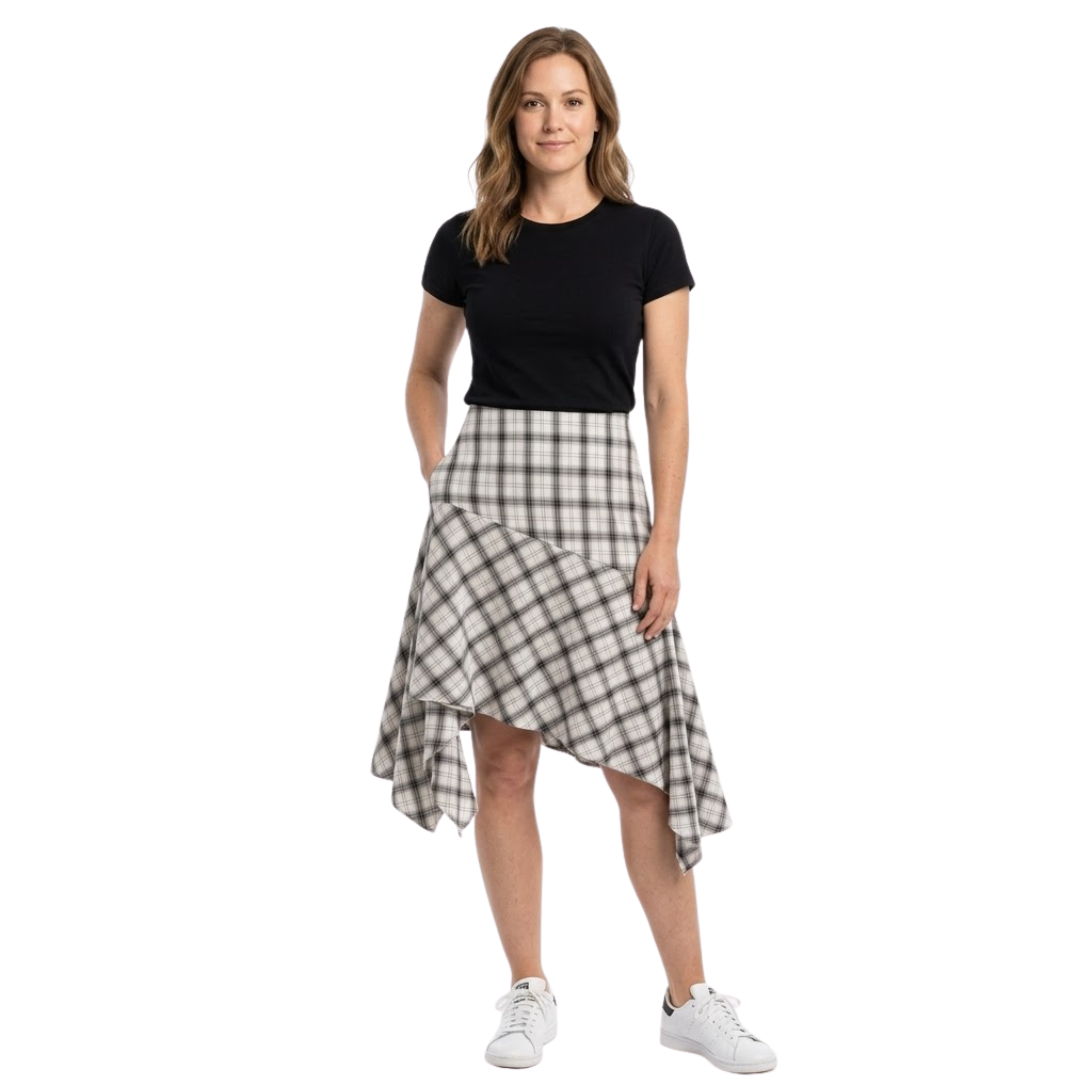 Jupe Mi-Longue Trapèze à Carreaux pour Femmes avec Ourlet Asymétrique et Fermeture Éclair