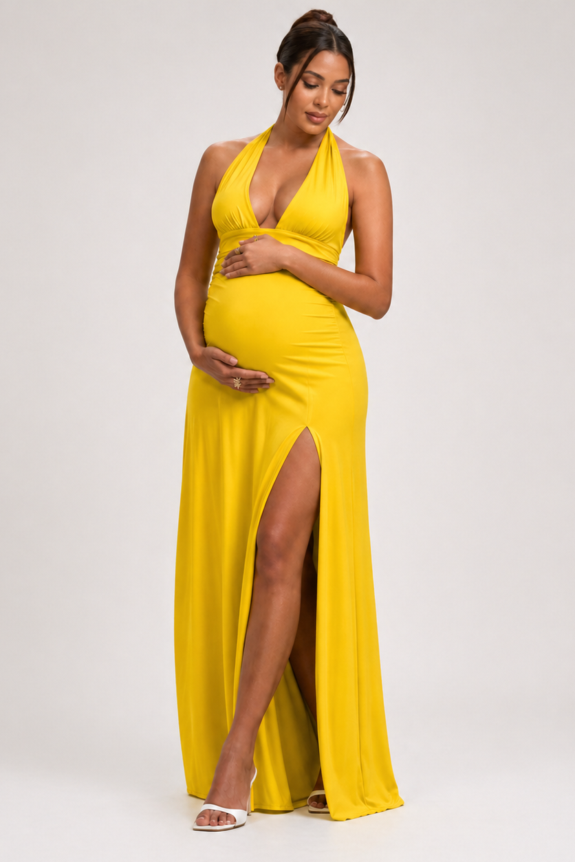 Langes Umstands-Kleid mit offenem Rücken und Schlitz