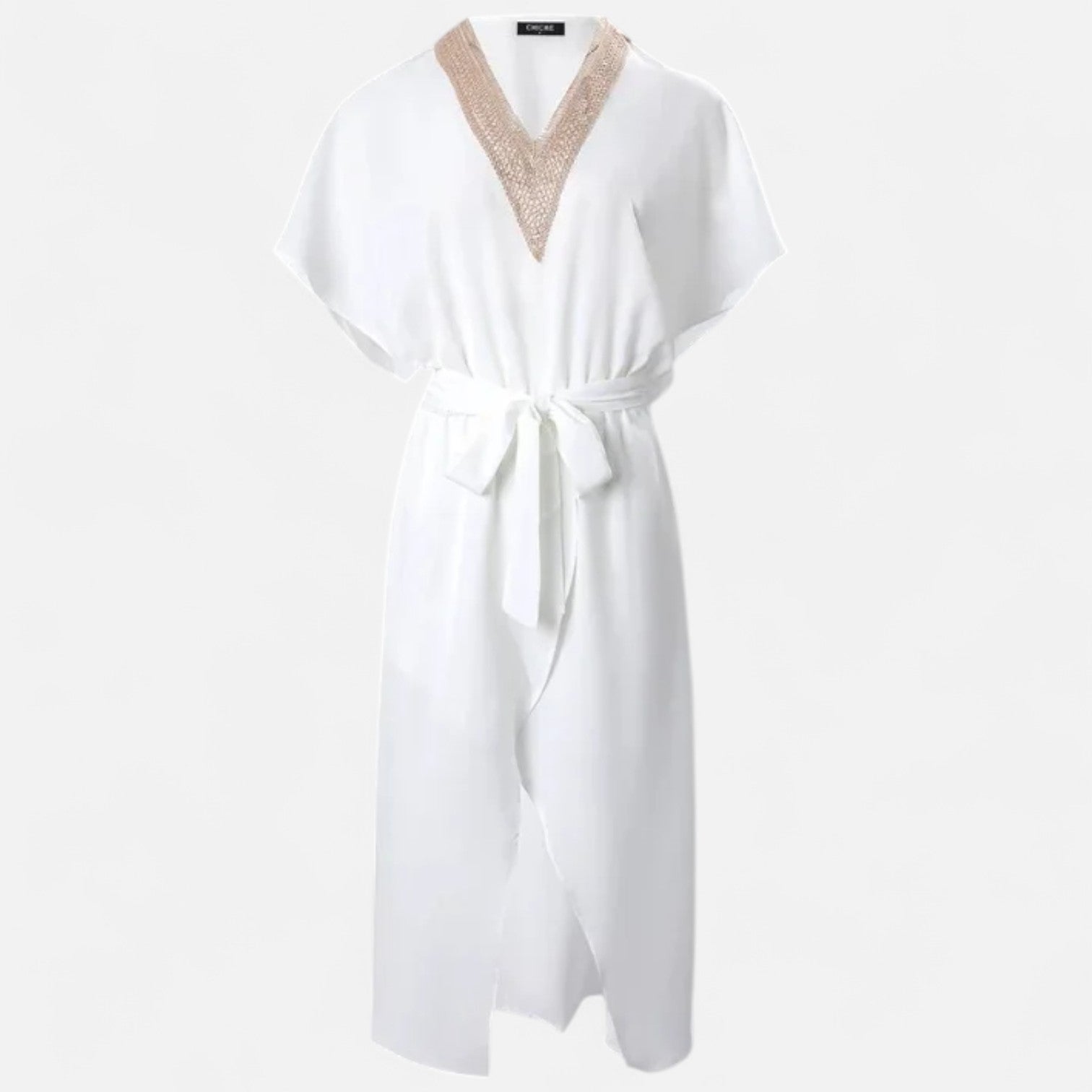 Ancienne Monde | Robe Blanche Midi à Col V pour Femme – Élégance Moderne pour les Occasions d’Été