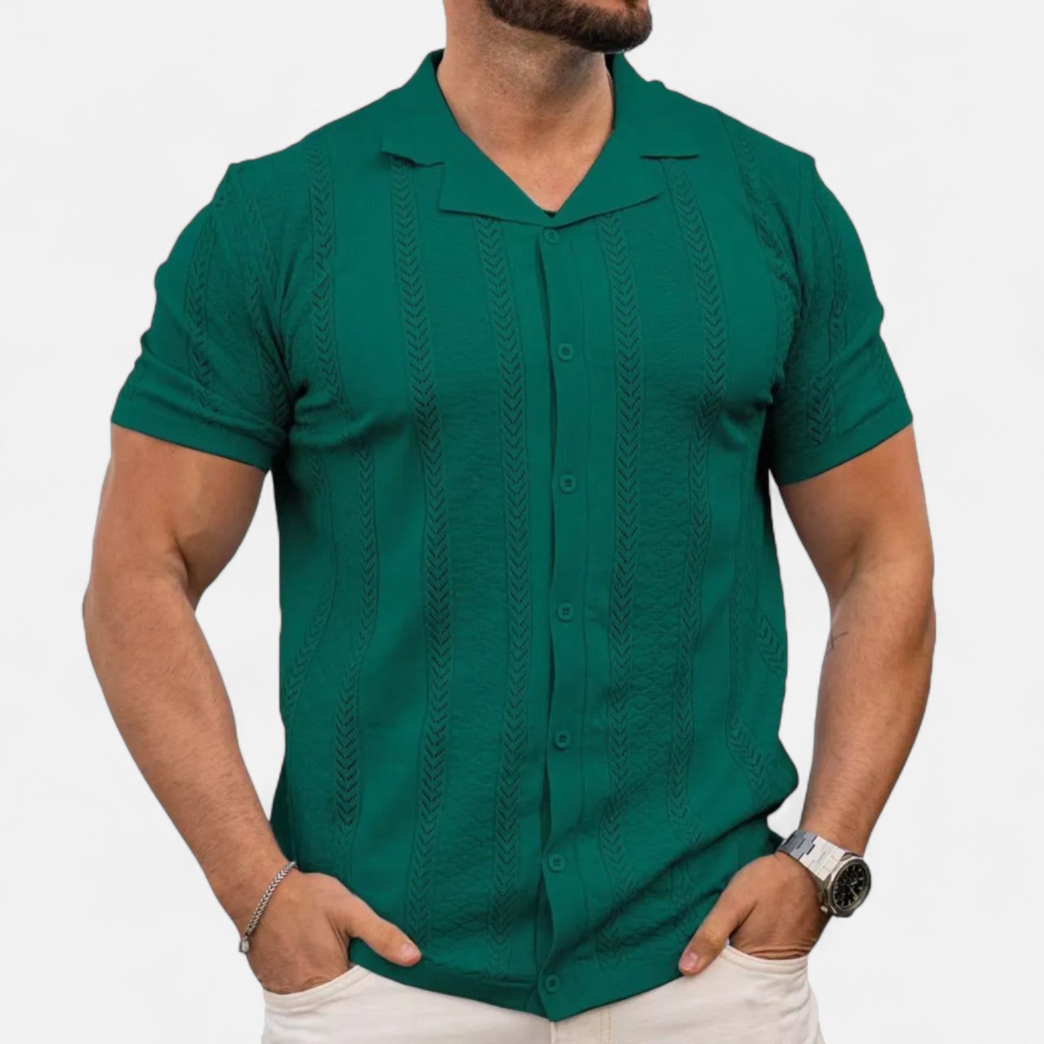 Ancienne Monde | Chemise en Maille Rayée Patchwork pour Homme – Texture Contemporaine