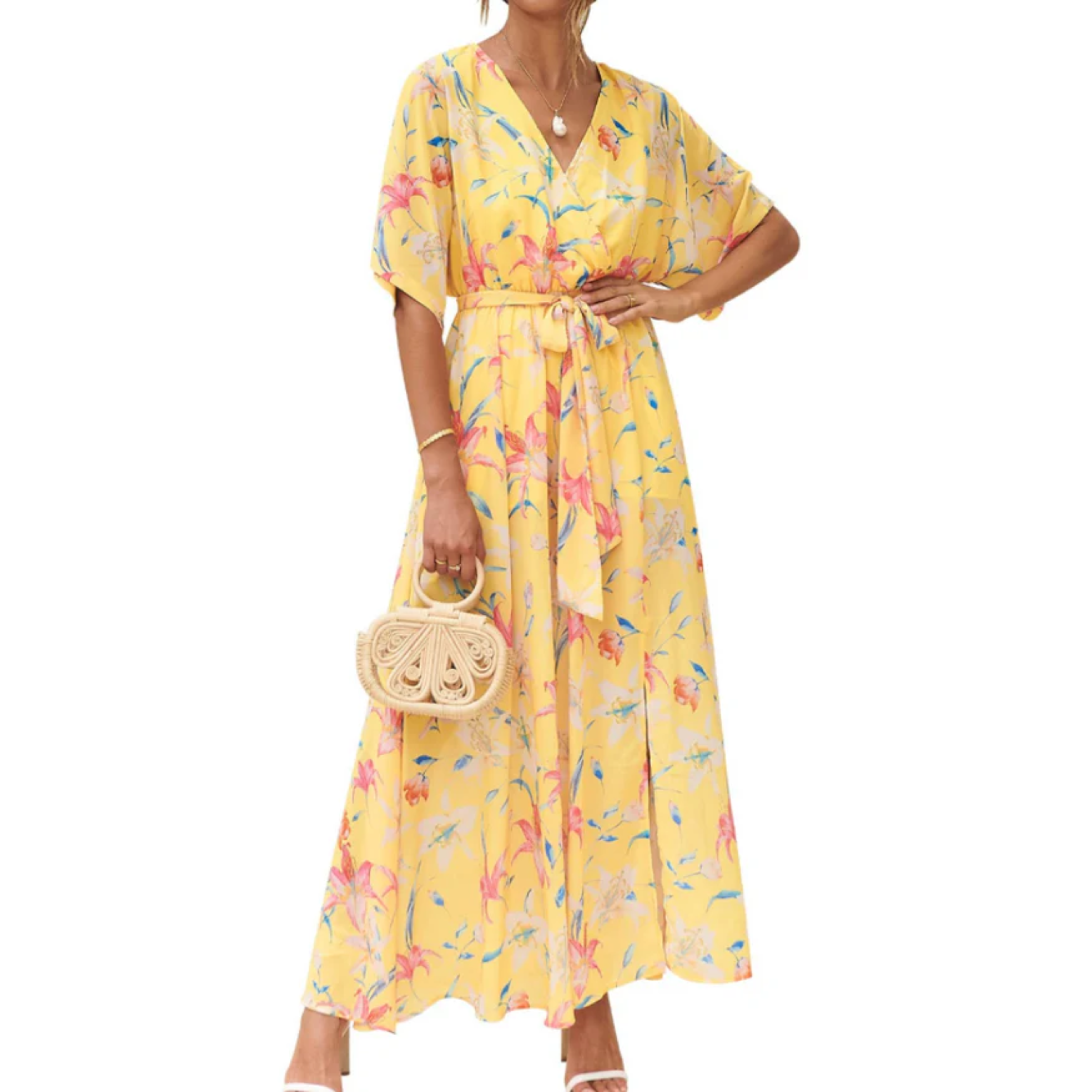 Maxi kimono kjole med blomster — boheme stil — sommerferie