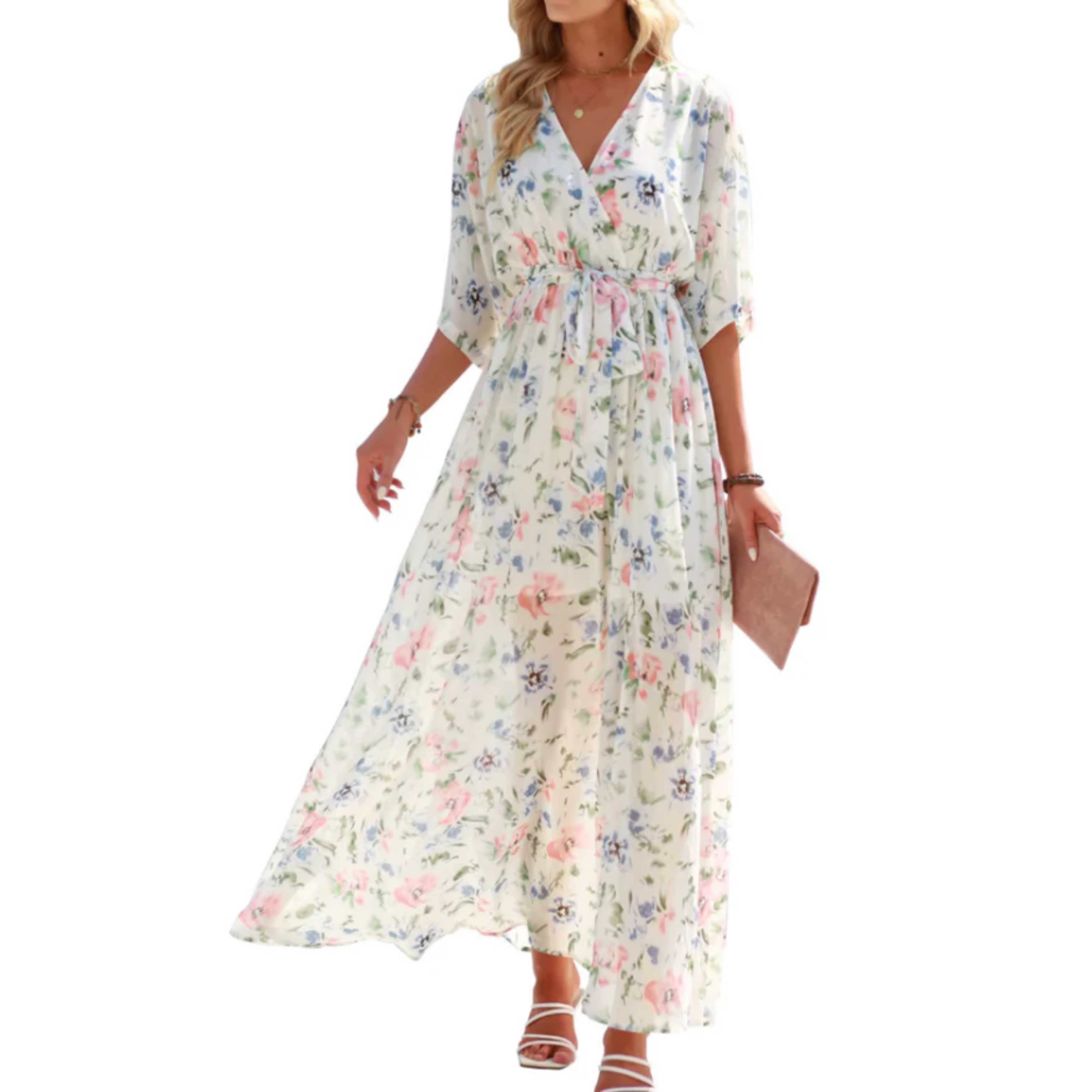 Maxi kimono kjole med blomster — boheme stil — sommerferie