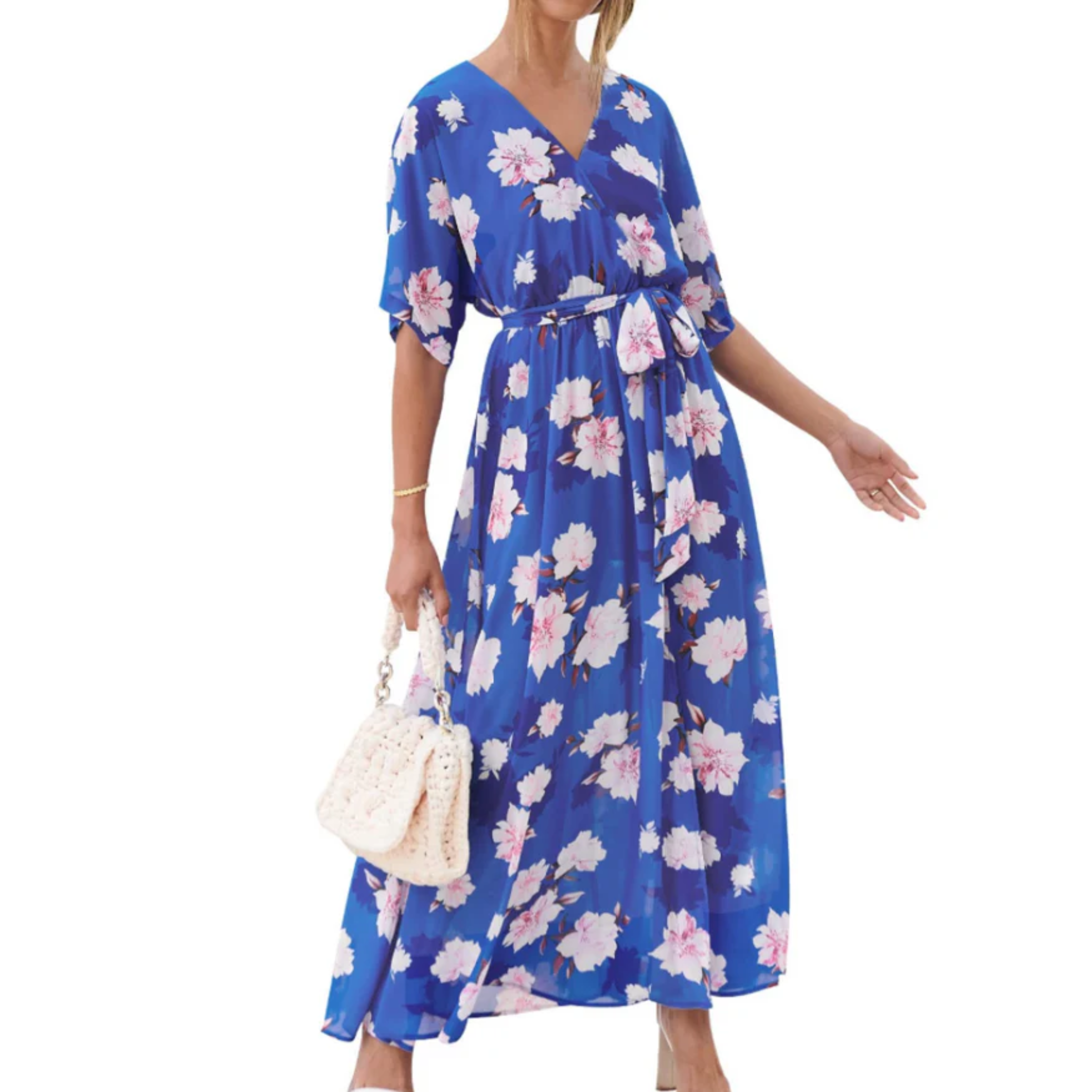 Maxi kimono kjole med blomster — boheme stil — sommerferie