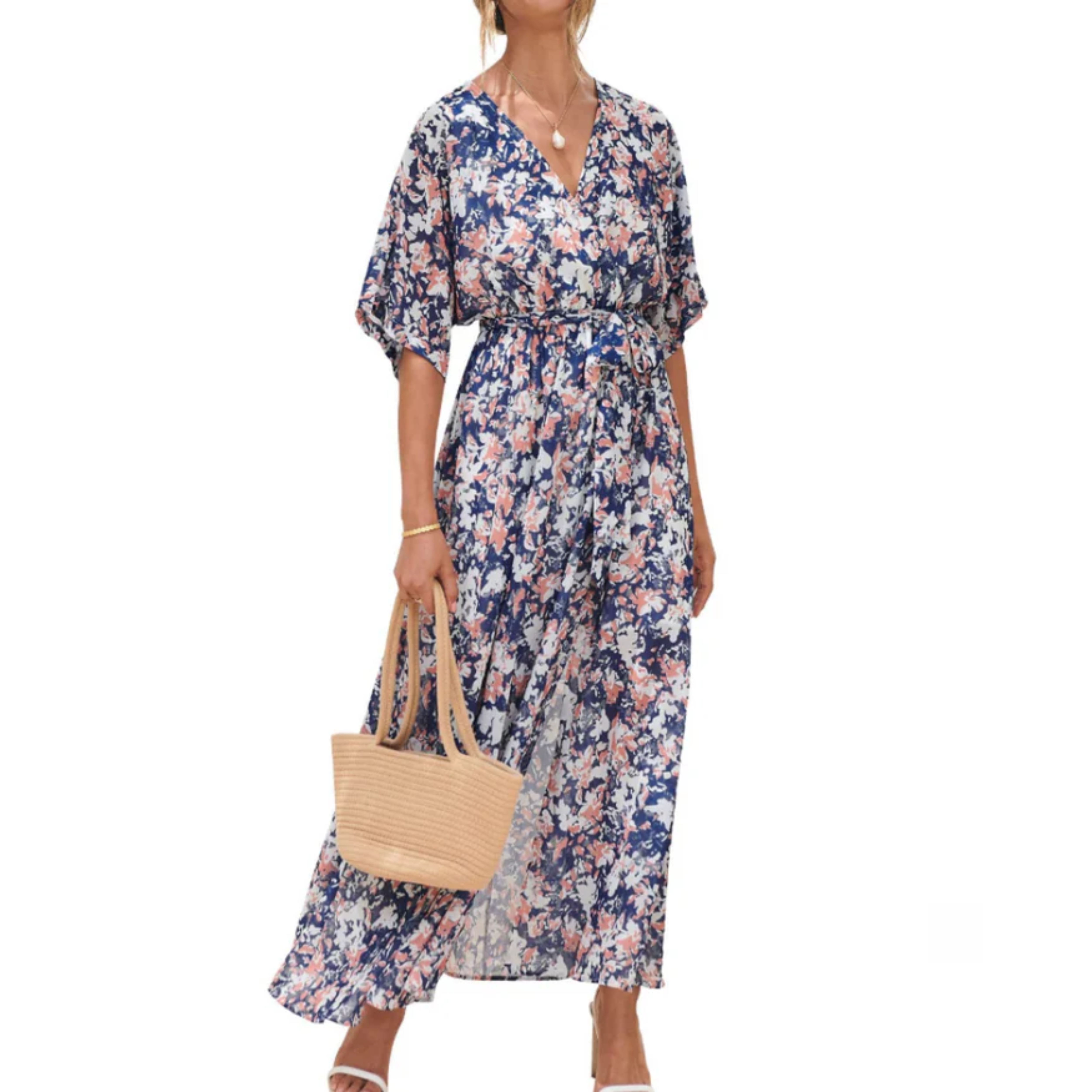 Maxi kimono kjole med blomster — boheme stil — sommerferie