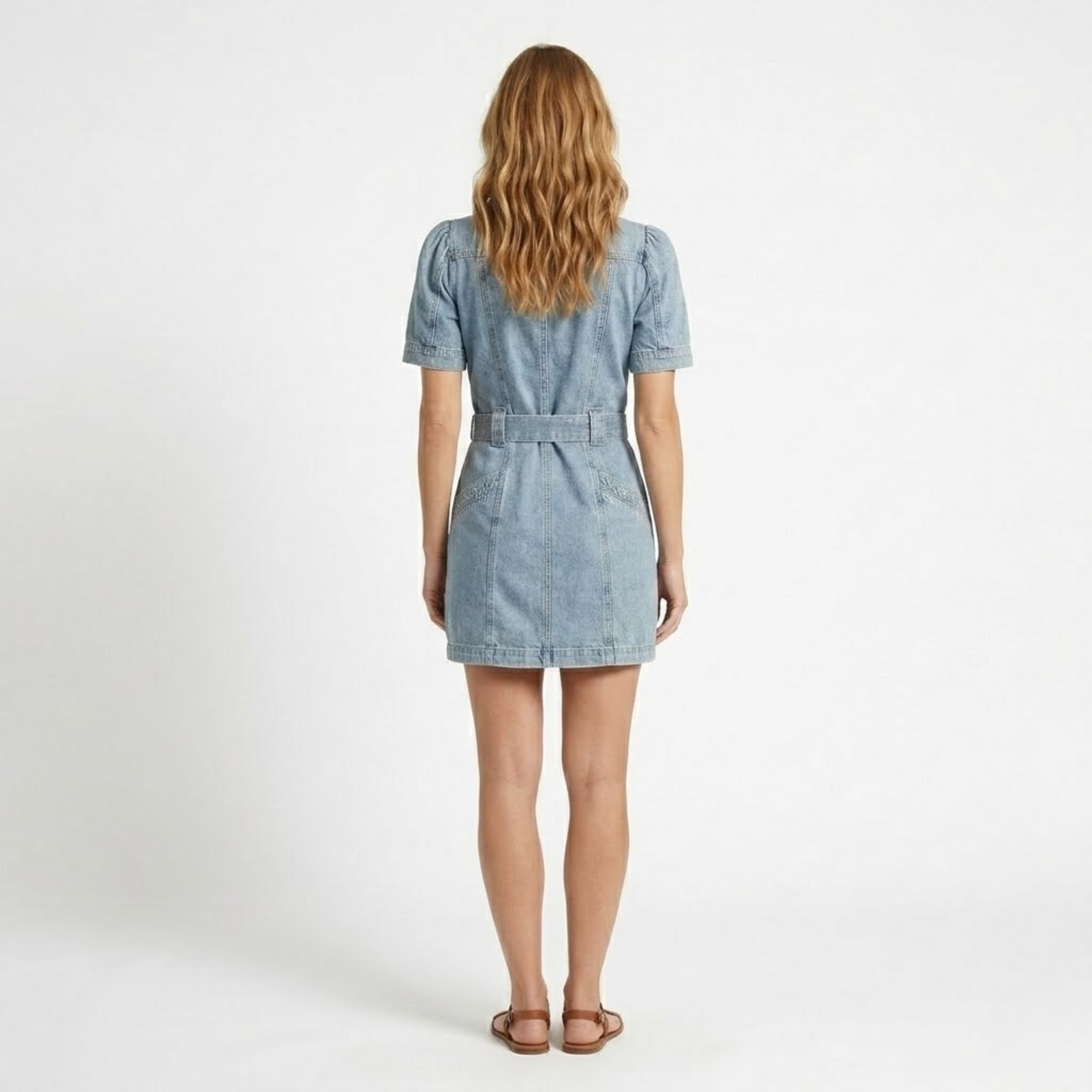 Robe Courte en Jean à Manches Bouffantes avec Ceinture et Boutons pour Femme