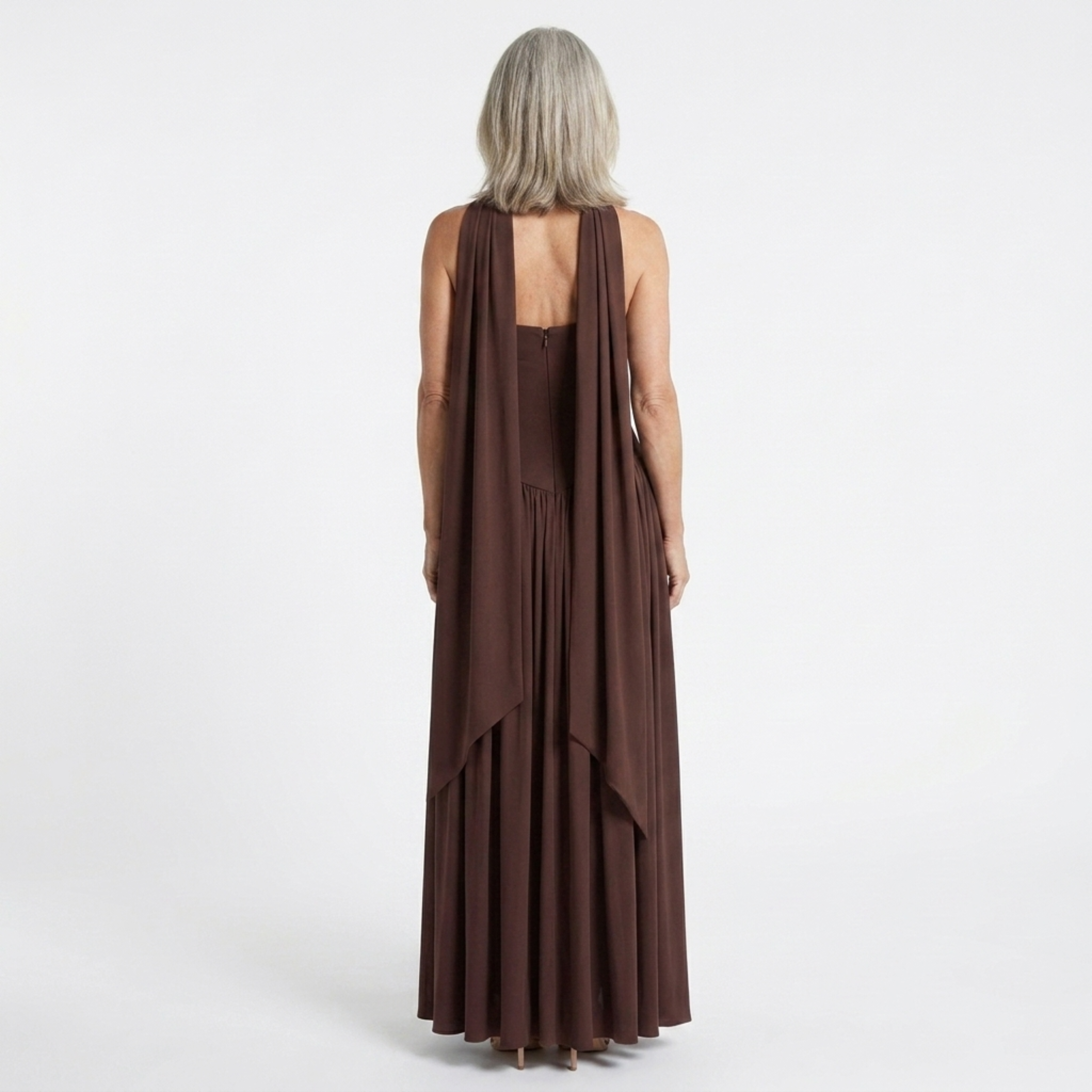 Long evening gown — scarf neckline and pleated slit skirt | ceremony